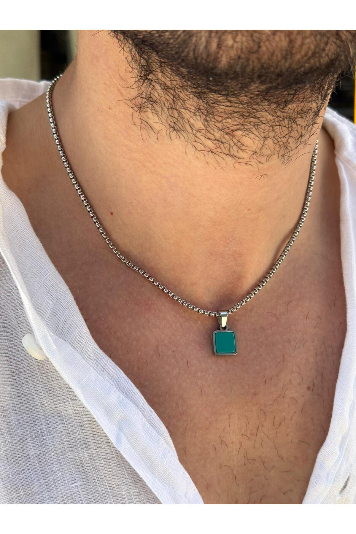 Aerys Erkek Minimal Kare Yeşil Krizopraz Doğal Taş Uçlu Çelik Kolye