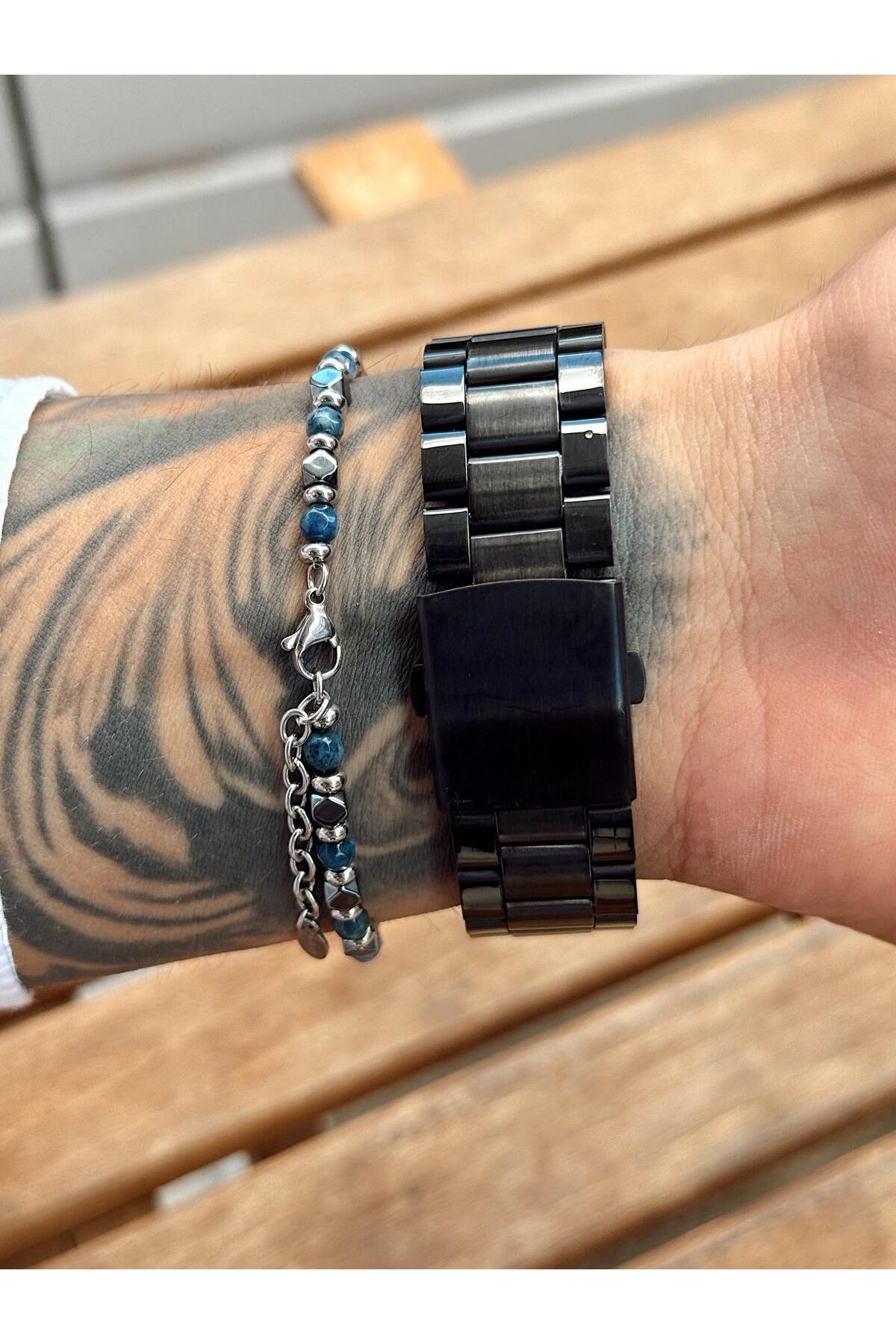 Siyah Kadranlı, Siyah Metal Kordonlu, Kronograf Detaylı ve Roma Rakamlı Erkek Kol Saati