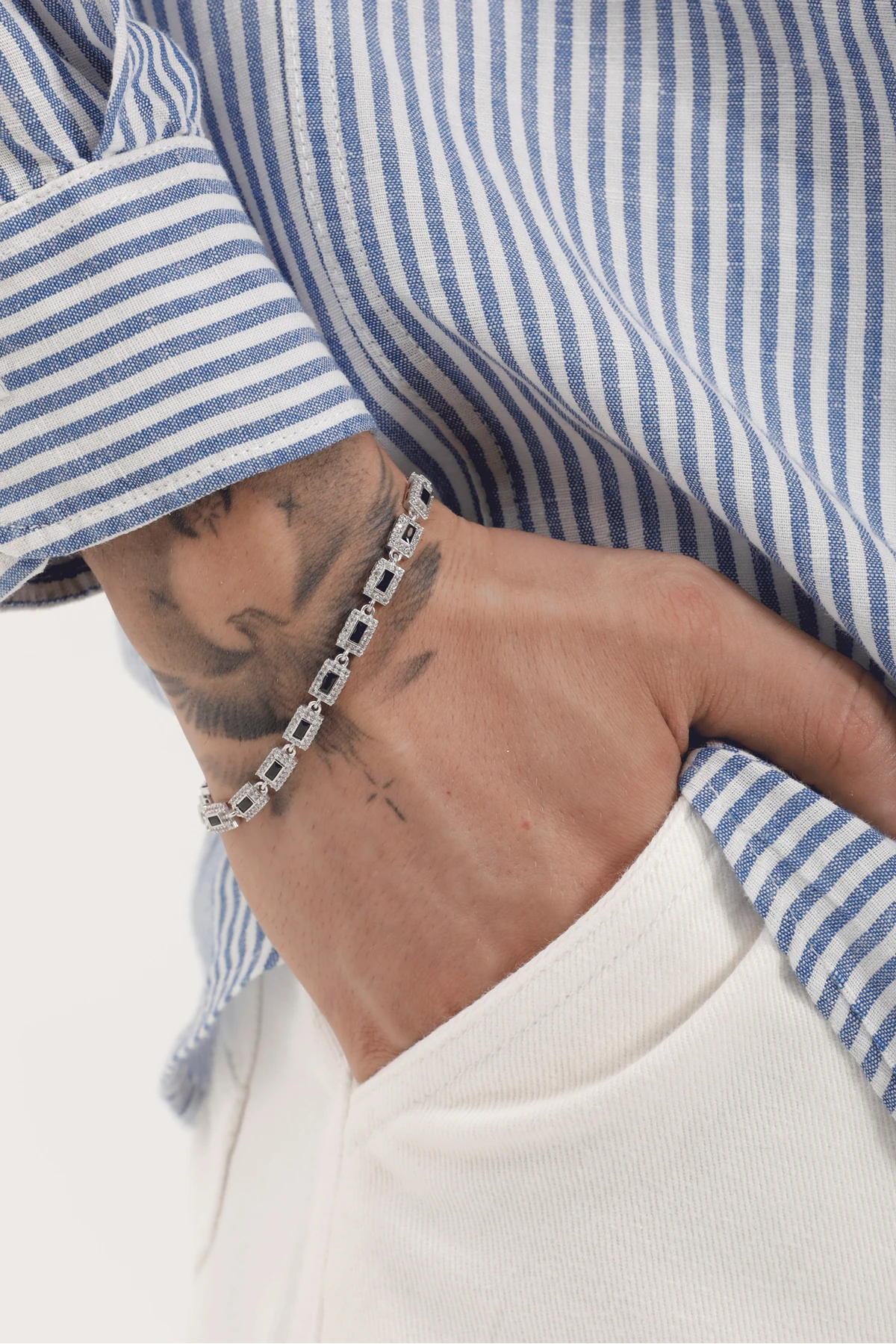 Imin 925 Ayar Gümüş Siyah Baget Taşlı Erkek Bileklik – Parlak Zirkon Çevreli