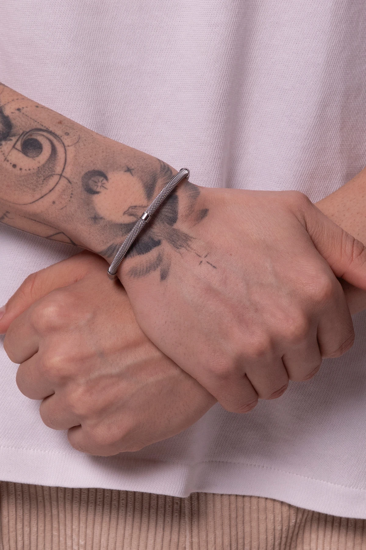 Erkek Gümüş Renk Silindir Hasır Paslanmaz Çelik Kelepçe Bileklik