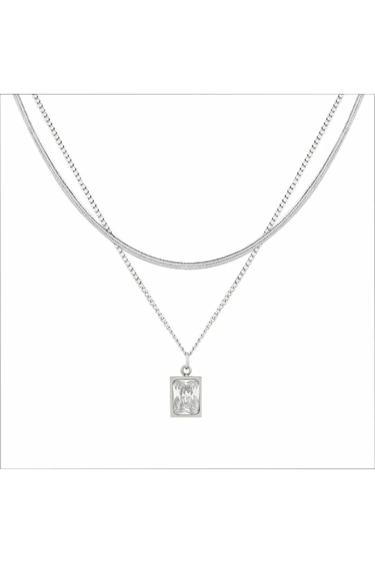 Dobby 2'li İtalyan Zincirli Zirkon Taşlı Gümüş Renkli Erkek Kararmaz Çelik Kolye