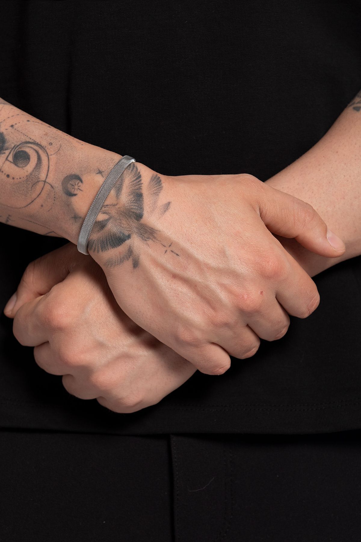 Sindarin Erkek Gümüş Renk Hasır Paslanmaz Çelik Kelepçe Bileklik