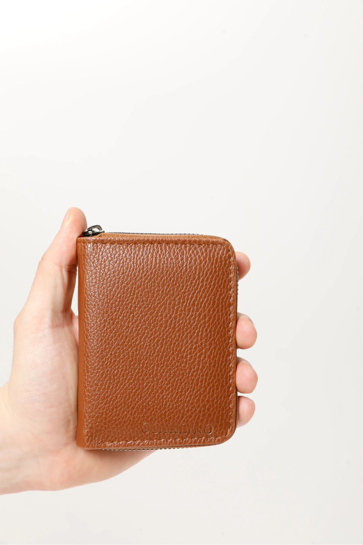 Erkek Taba Vegan Deri Dikey Fermuarlı Kartlık Ve Cüzdan