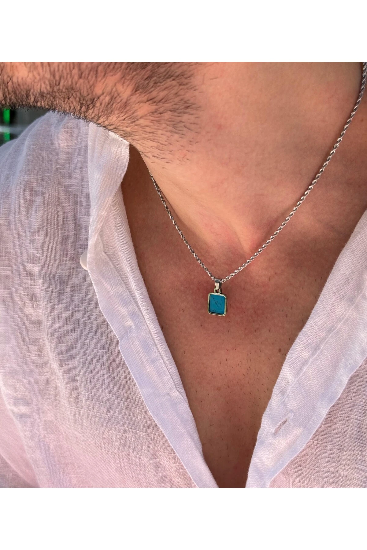Bunta Erkek Minimal Kare Mavi Doğal Taş Uçlu Çelik Kolye