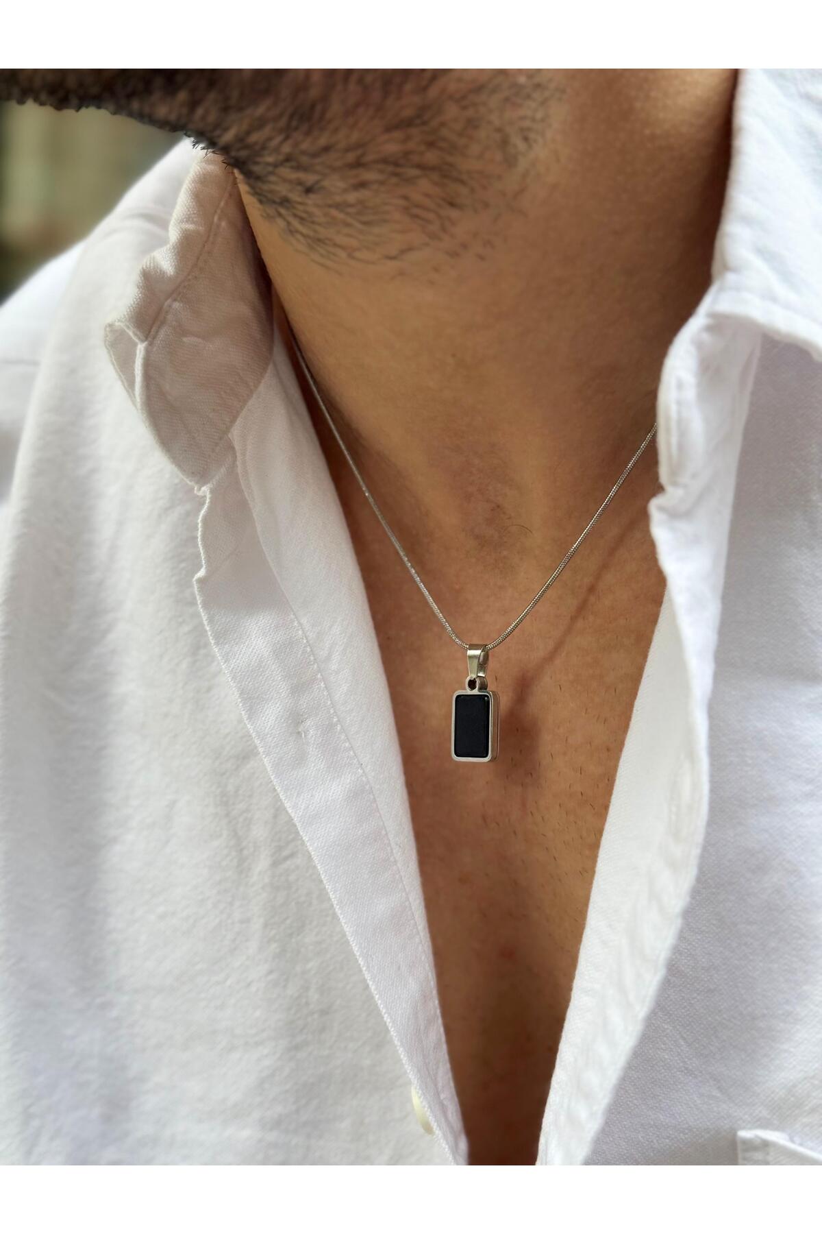 Arnoediad Erkek Minimal Dikdörtgen Siyah Oniks Doğal Taş Uçlu Çelik Kolye