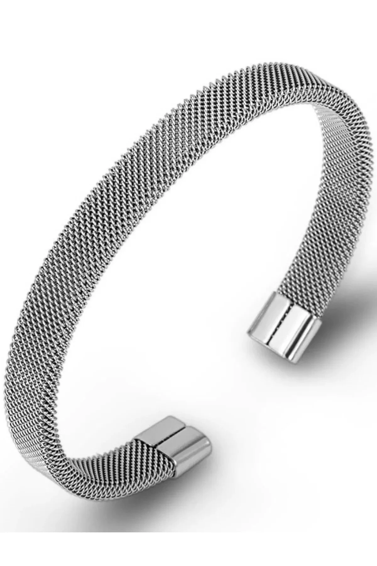 Sindarin Erkek Gümüş Renk Hasır Paslanmaz Çelik Kelepçe Bileklik