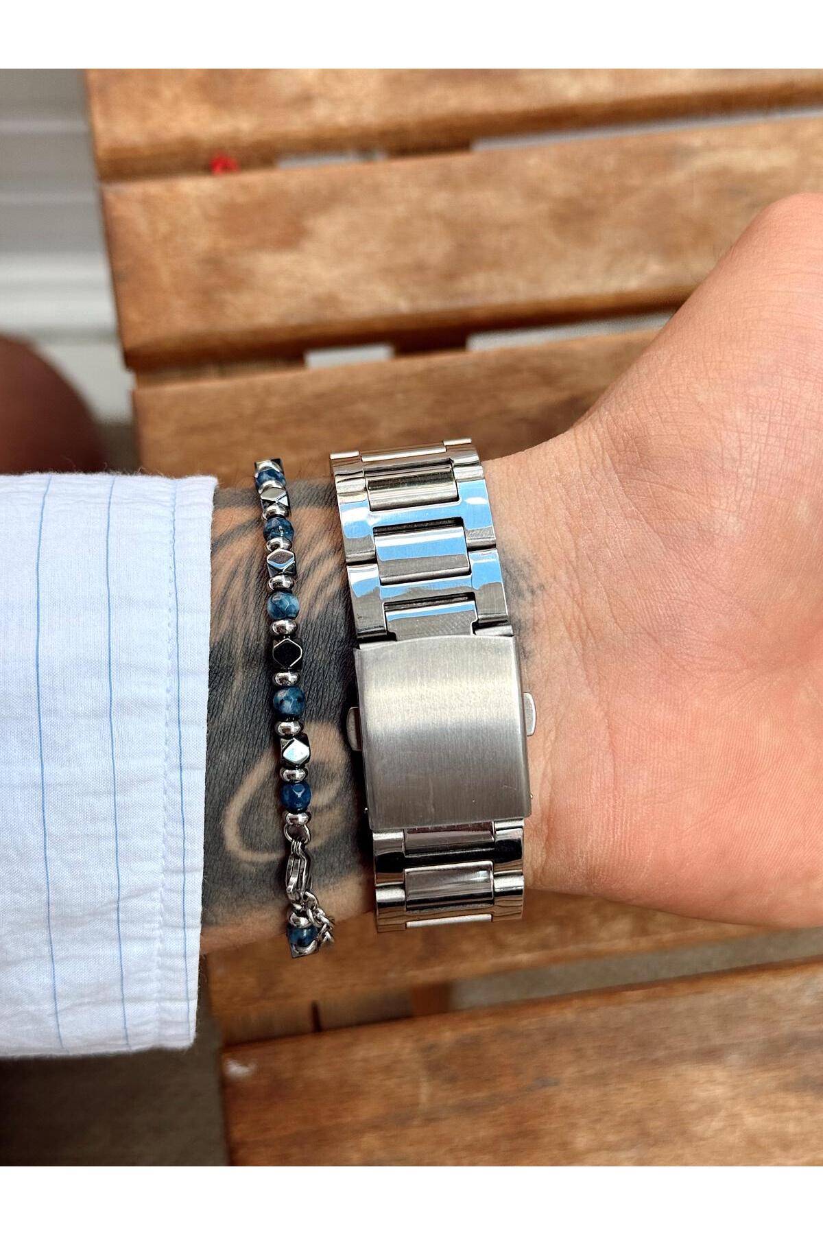 Dikdörtgen Kasa,Gümüş Metal Kordon, Yeşil Kadran, Roma İndeksli Erkek Kol Saati