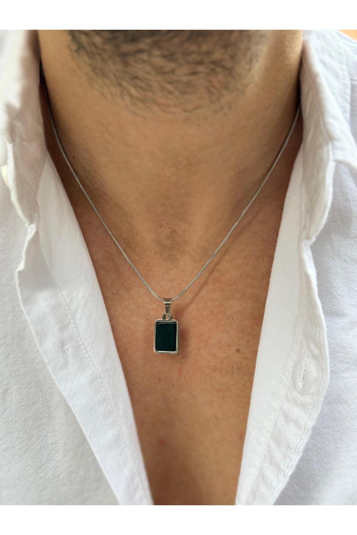 Arnoediad Erkek Minimal Dikdörtgen Siyah Oniks Doğal Taş Uçlu Çelik Kolye