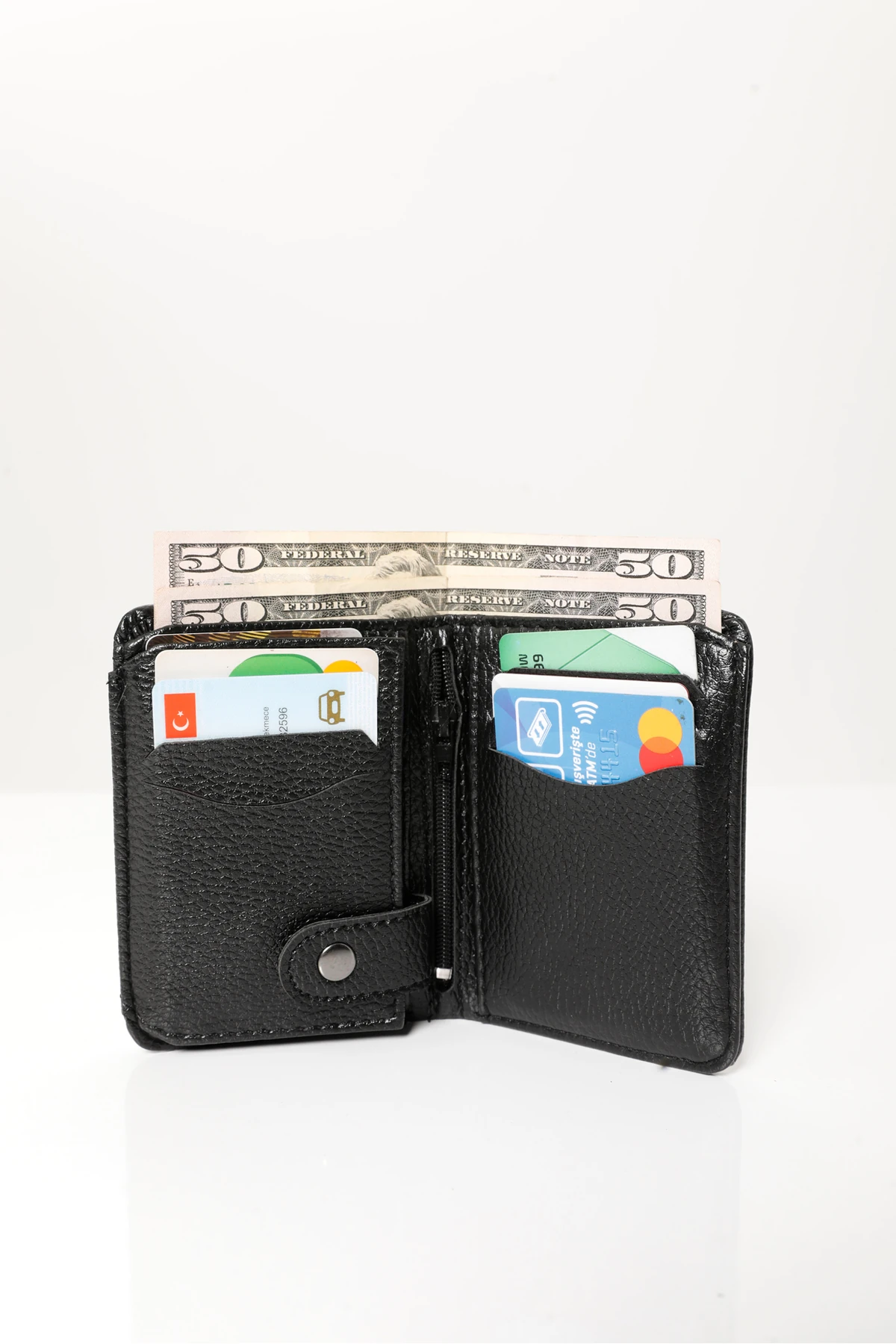Erkek Siyah Vegan Deri Dikey Spor Cüzdan