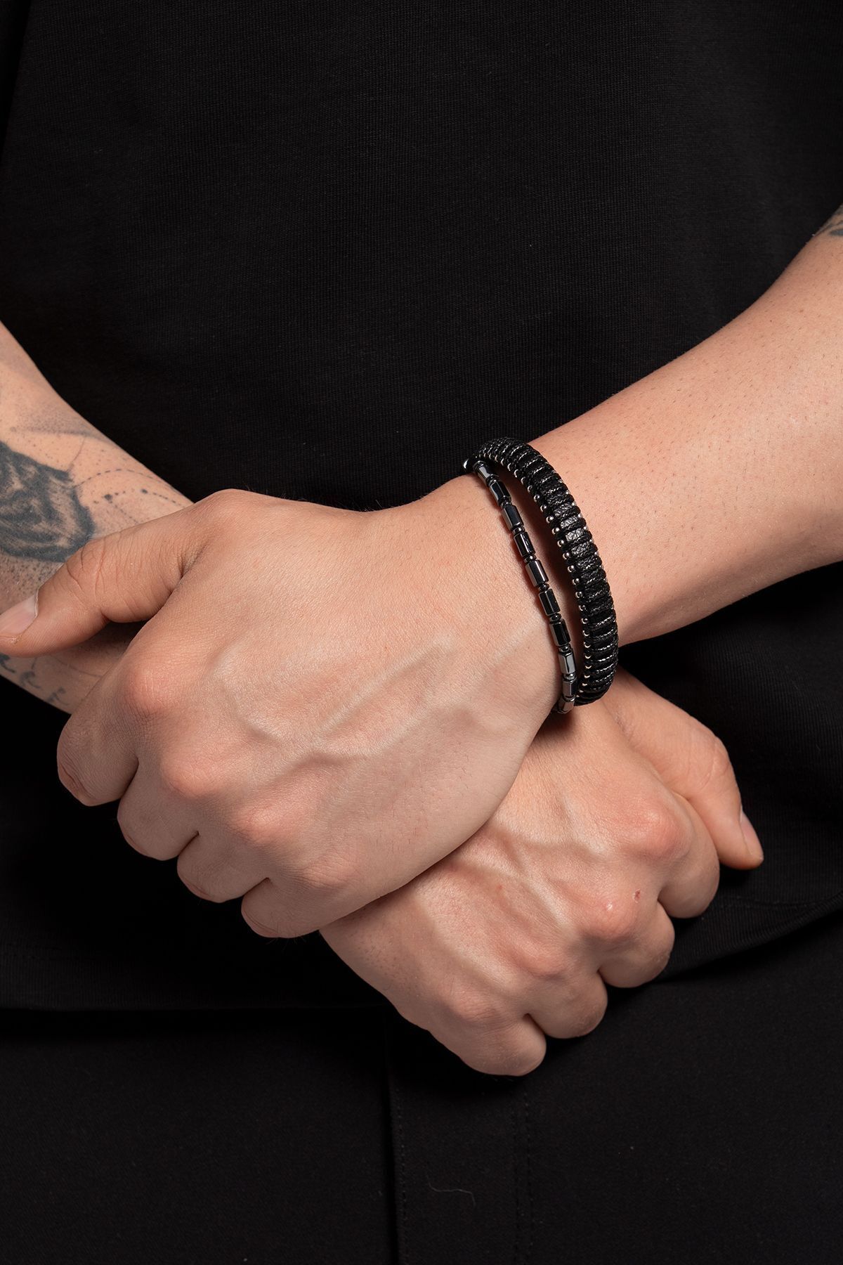 Narmacil Deri & Hematit Doğal Taşlı 2'li Erkek Bileklik