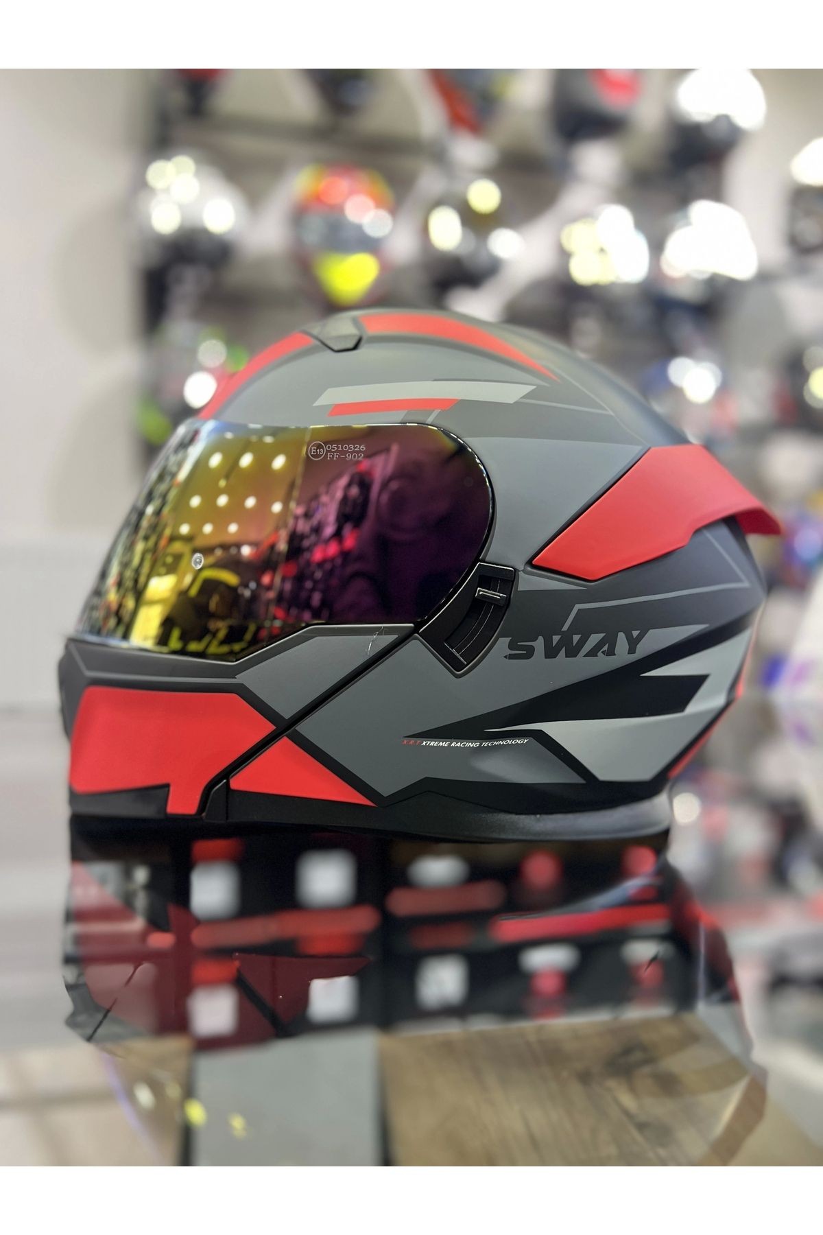 Kırmızı Siyah 912 Çene Açılır Kask Gold Vizörlü( 1 Şeffaf Vizör)