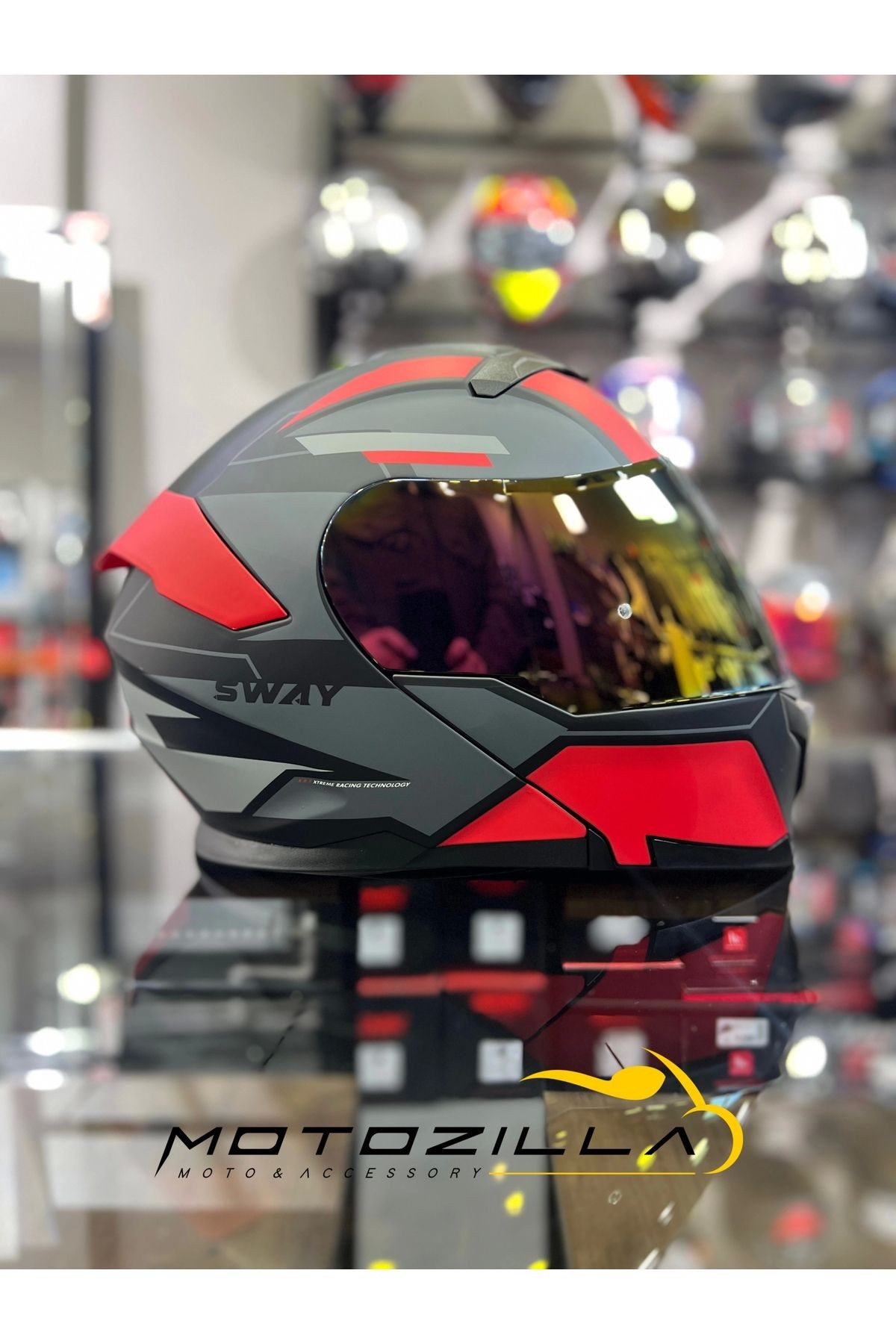 Kırmızı Siyah 912 Çene Açılır Kask Gold Vizörlü( 1 Şeffaf Vizör)