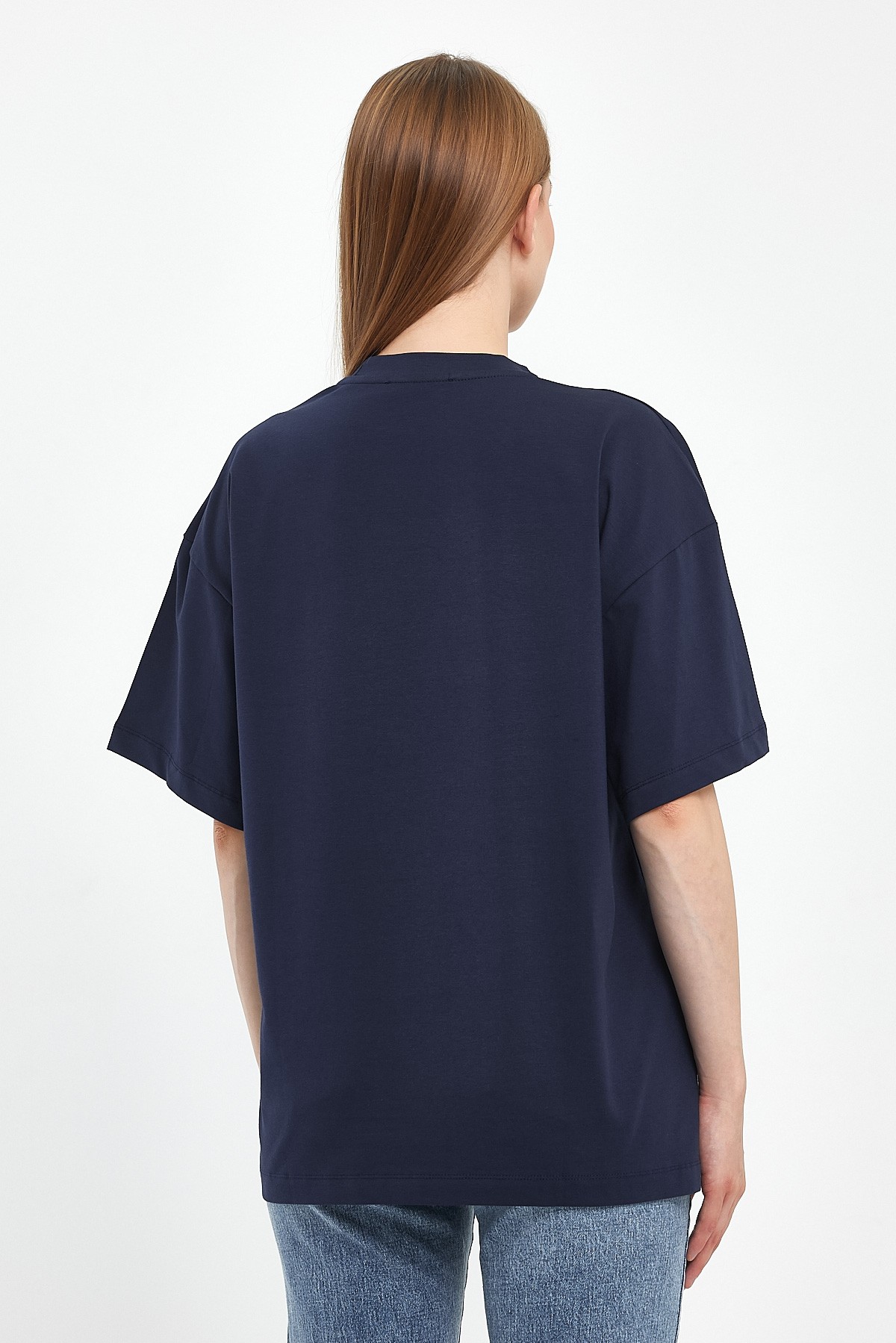 Mandarin Yaka Oversize Lacivert T-Shirt