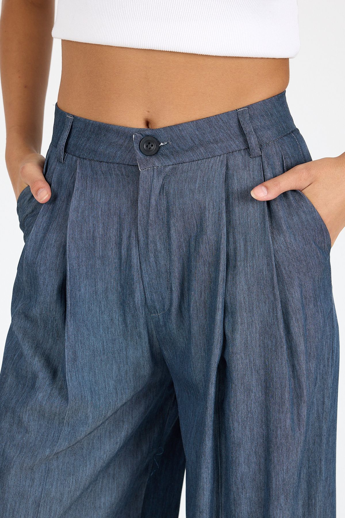 Kadın Yüksek Bel Bol Paça Denim Görünümlü Palazzo Pantolon