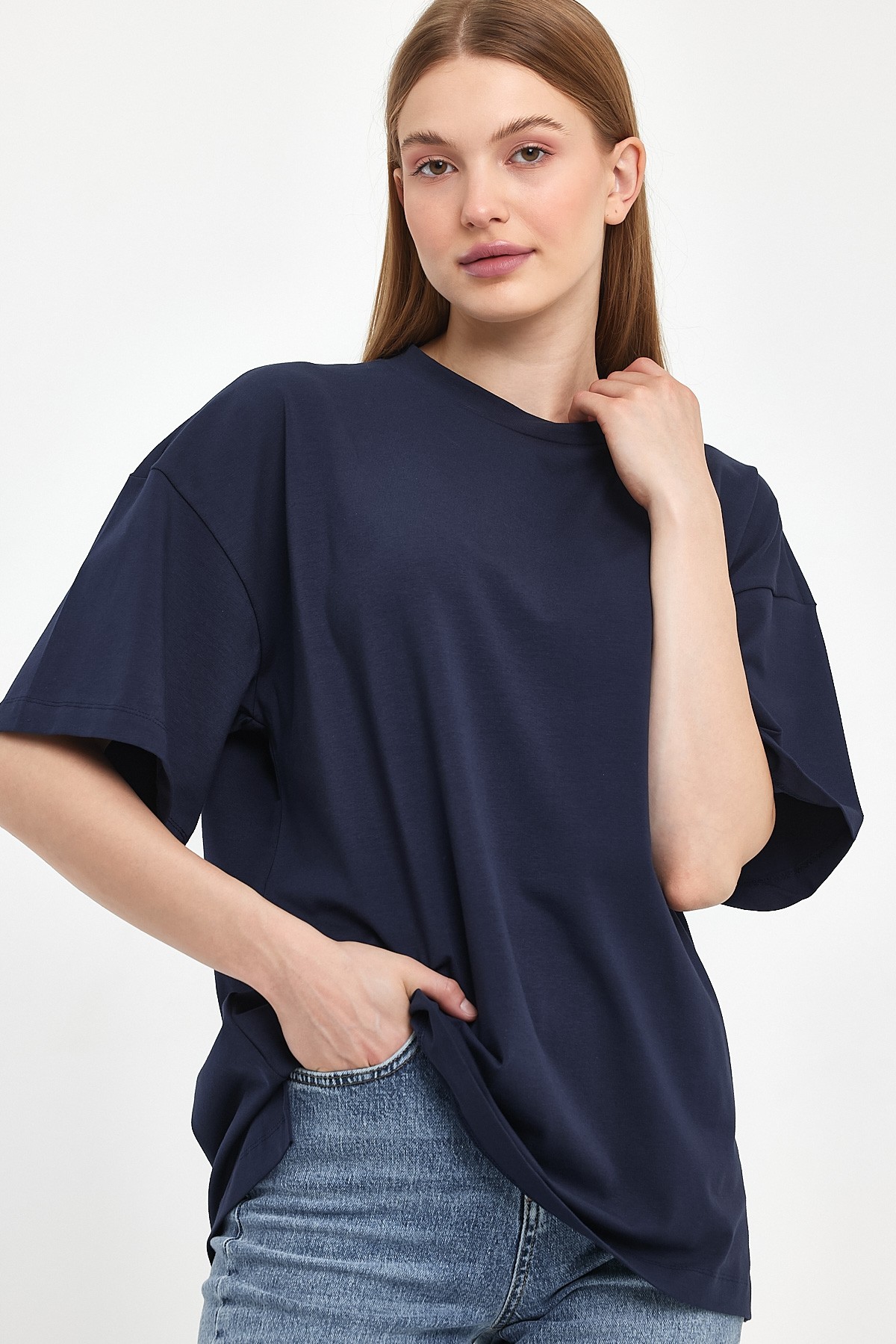 Mandarin Yaka Oversize Lacivert T-Shirt