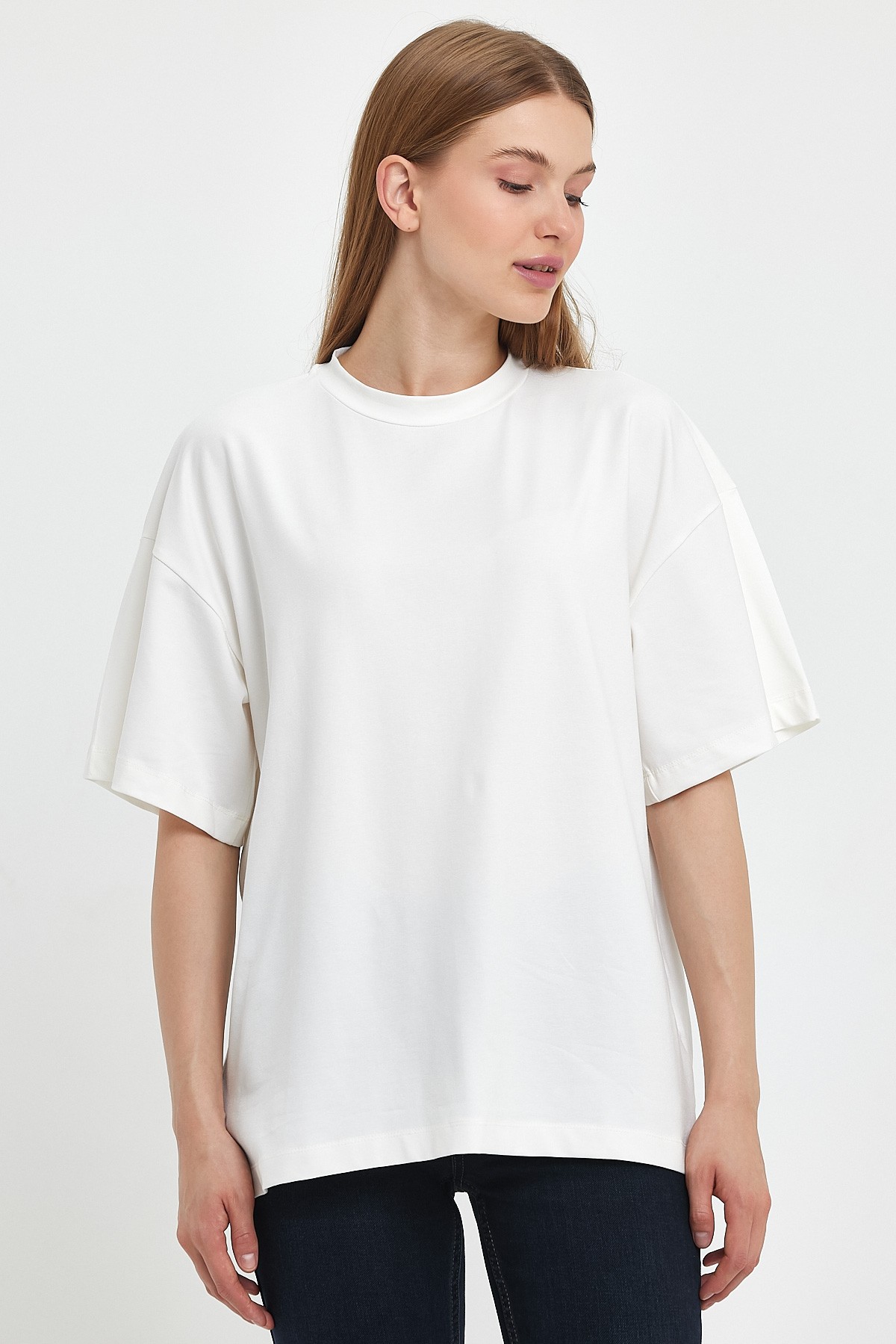 Mandarin Yaka Oversize Beyaz T-Shirt