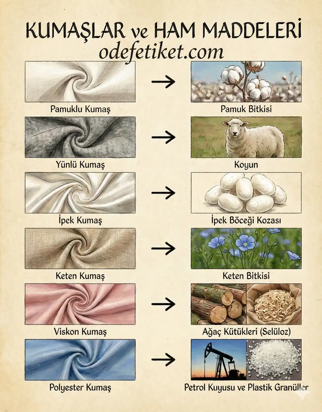 Kumaş çeşitleri ve ham maddelerini gösteren tablo: Pamuk, Yün, İpek, Keten, Viskon ve Polyester.