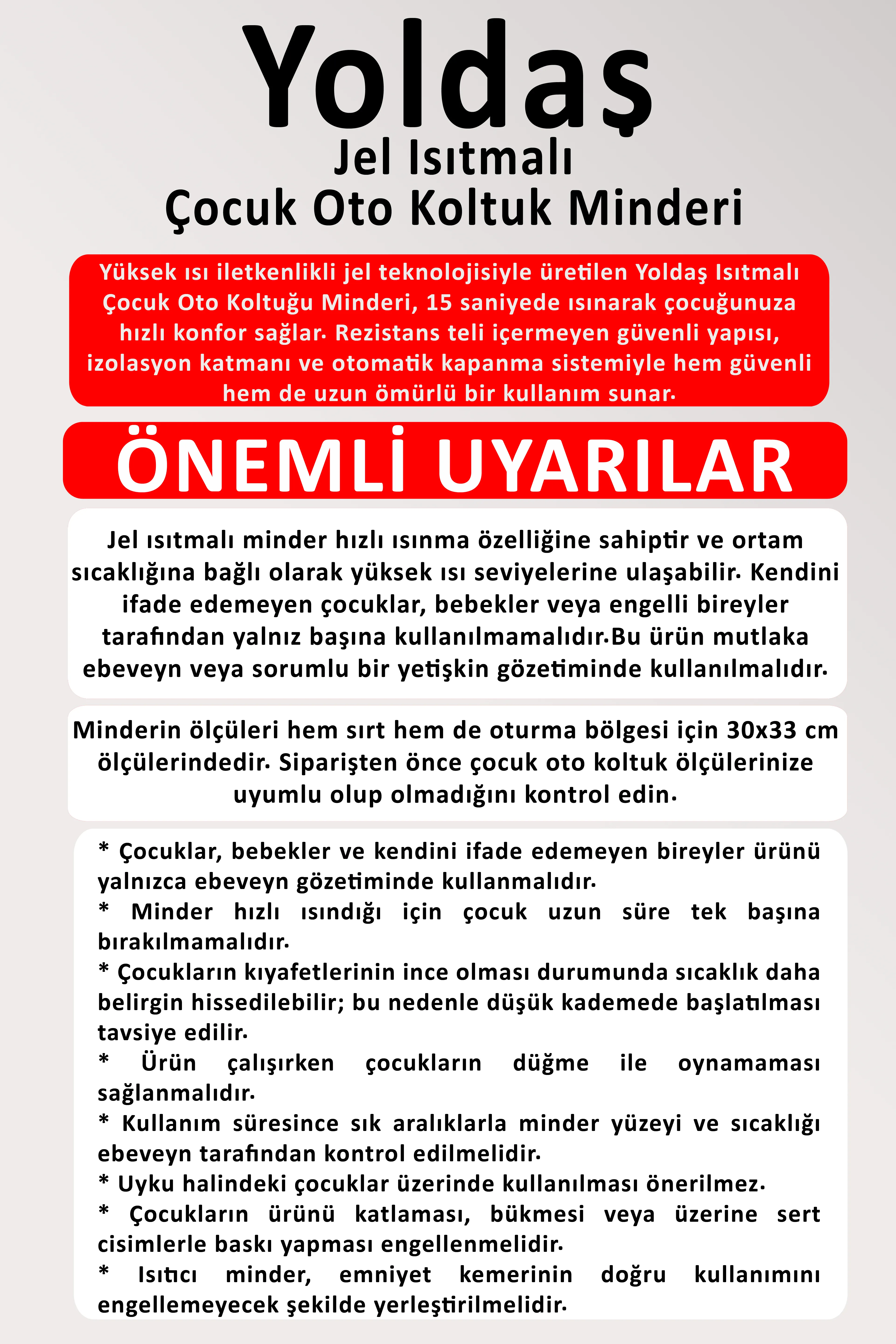 Yoldaş Jel Isıtmalı Çocuk Oto Koltuk Minderi/Kılıfı 15 saniyede Hızlı Isınma