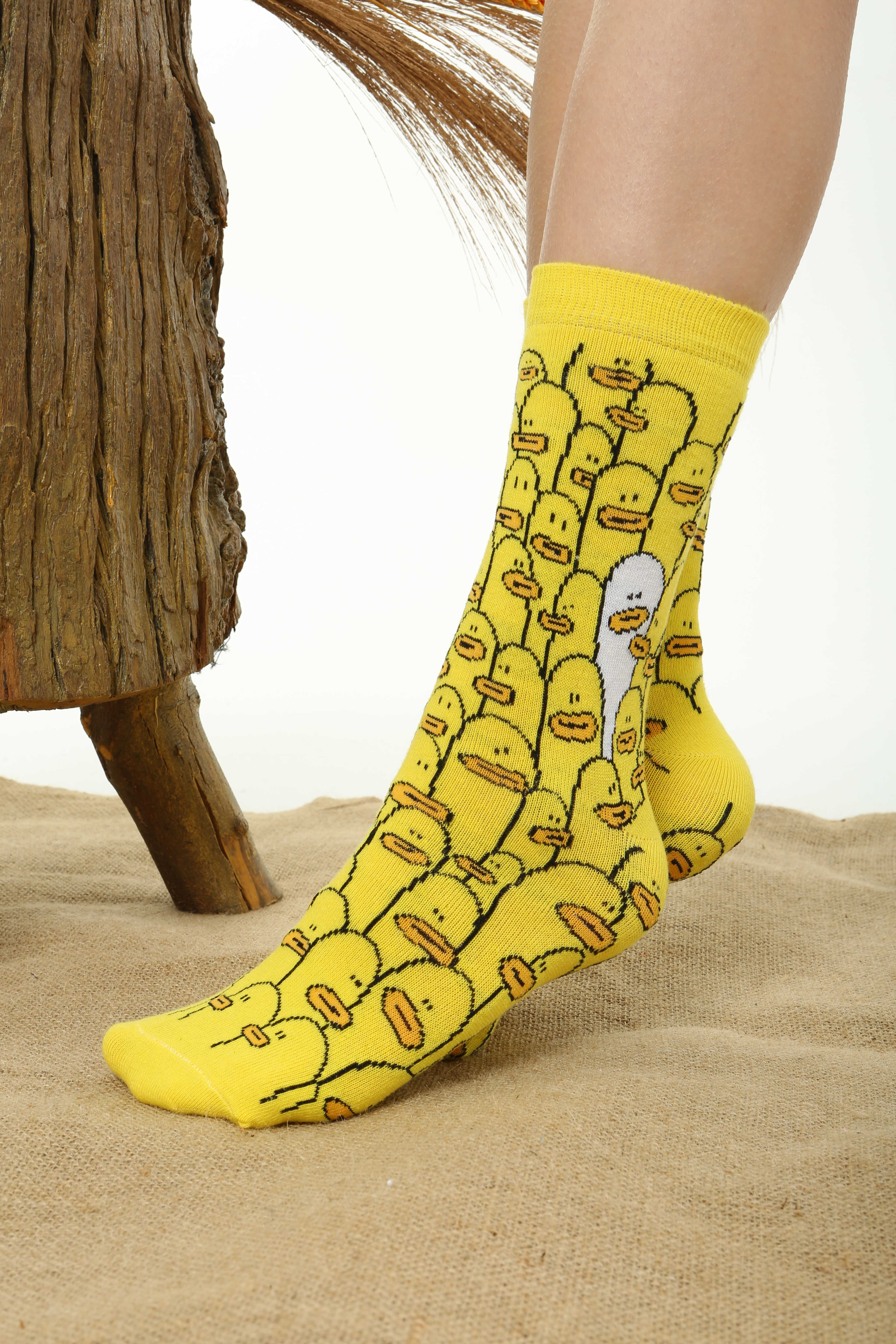 Ördek Desenli Renkli Sarı Çorap