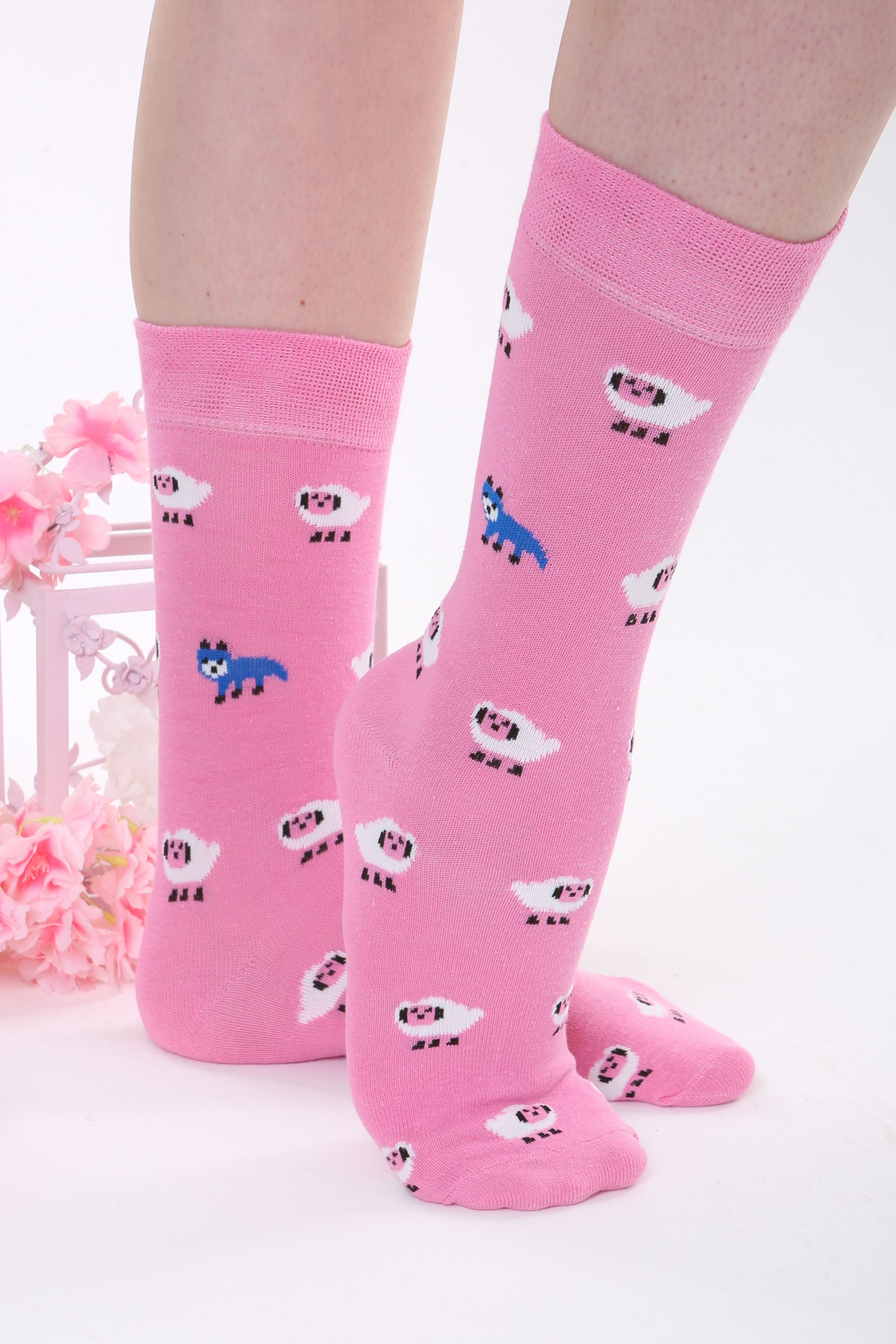 Koyun Desenli Pembe Renkli Çorap