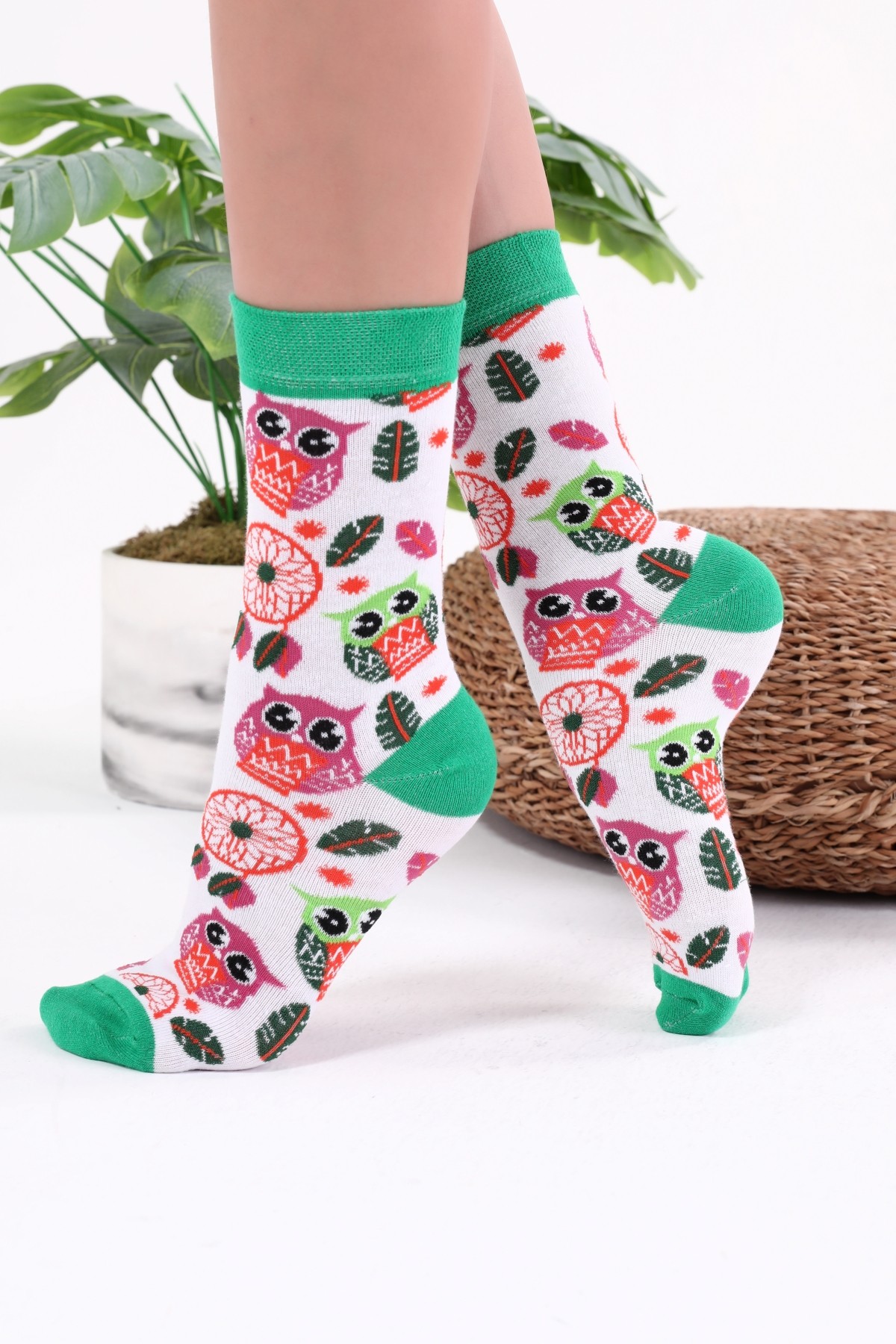 Baykuş Desenli Yeşil Renkli Çorap
