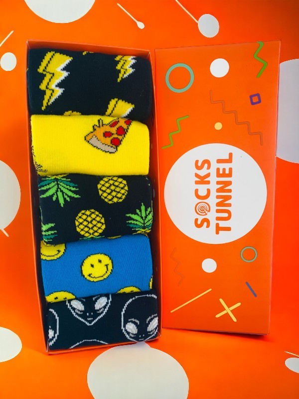Unisex 5'li Ananas Pizza Karma Desenli Renkli Çorap Set