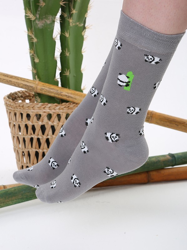 Panda Desenli Gri Renkli Çorap