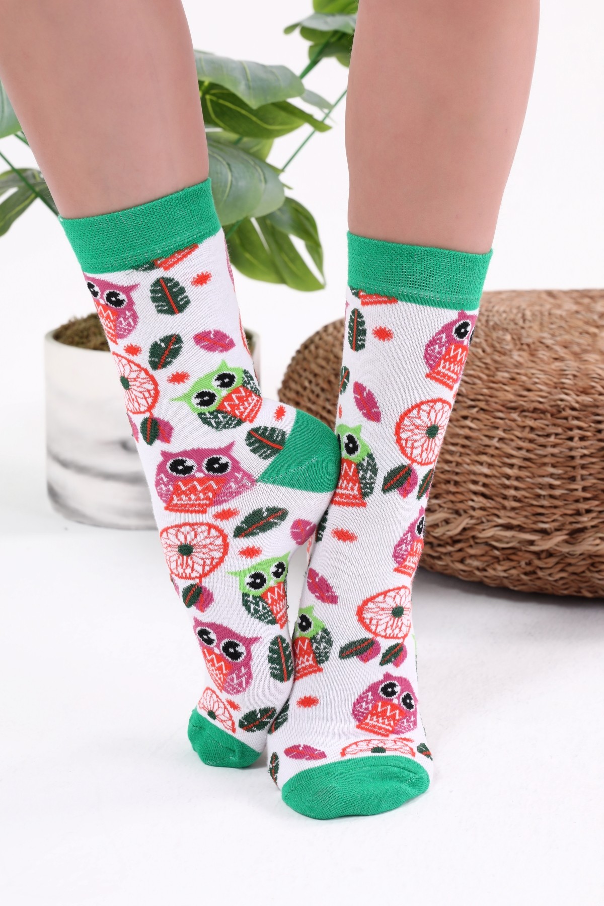 Baykuş Desenli Yeşil Renkli Çorap
