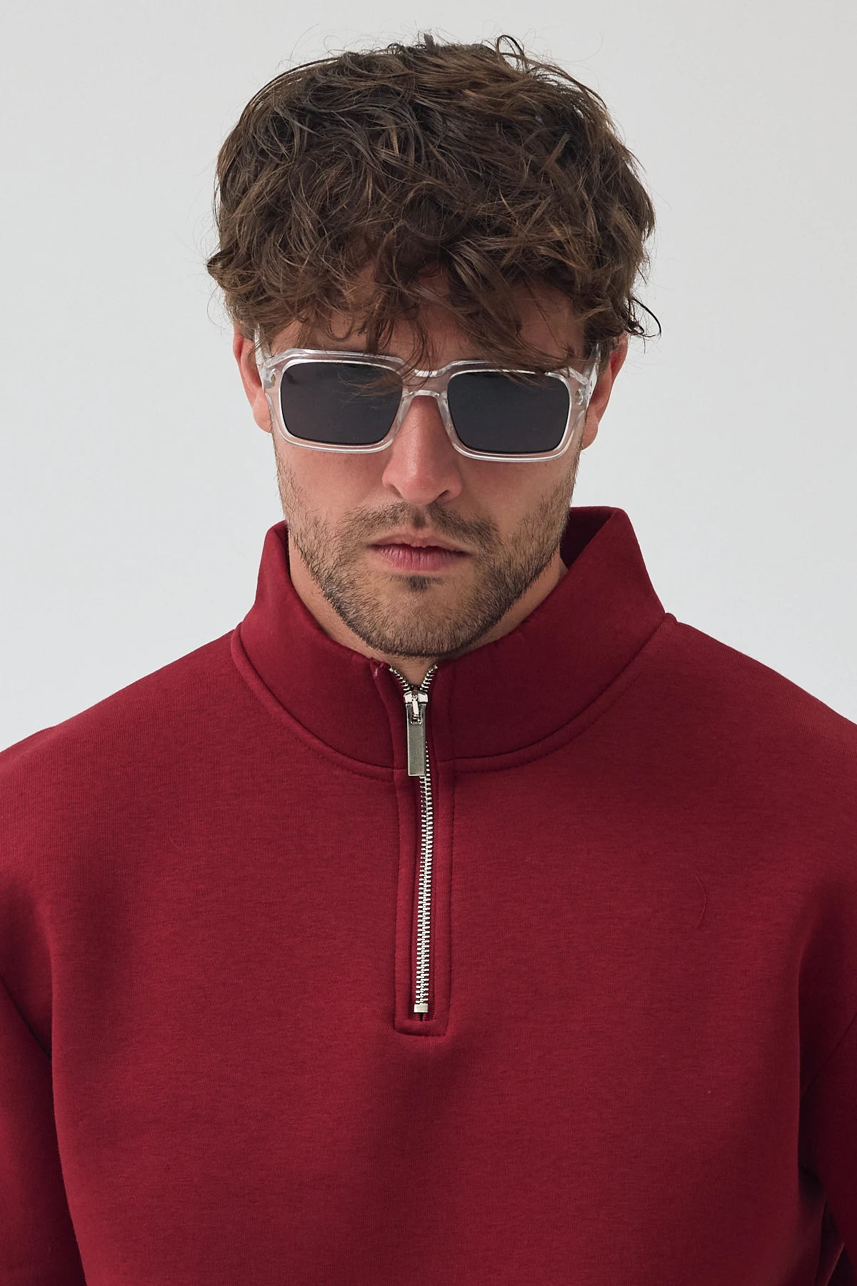 Yarım Fermuarlı Sweatshirt - Bordo
