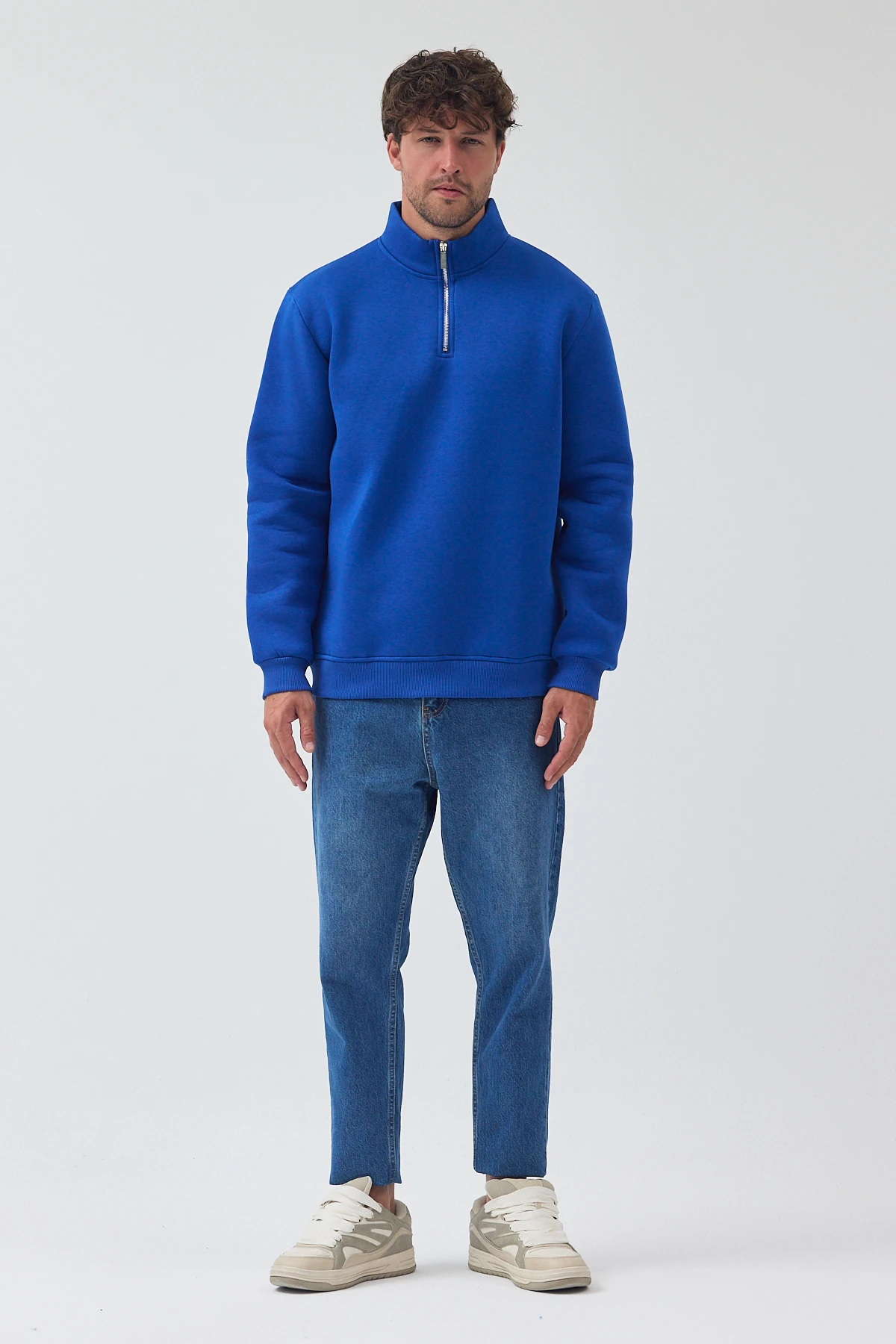 Yarım Fermuarlı Sweatshirt - Saks Mavi