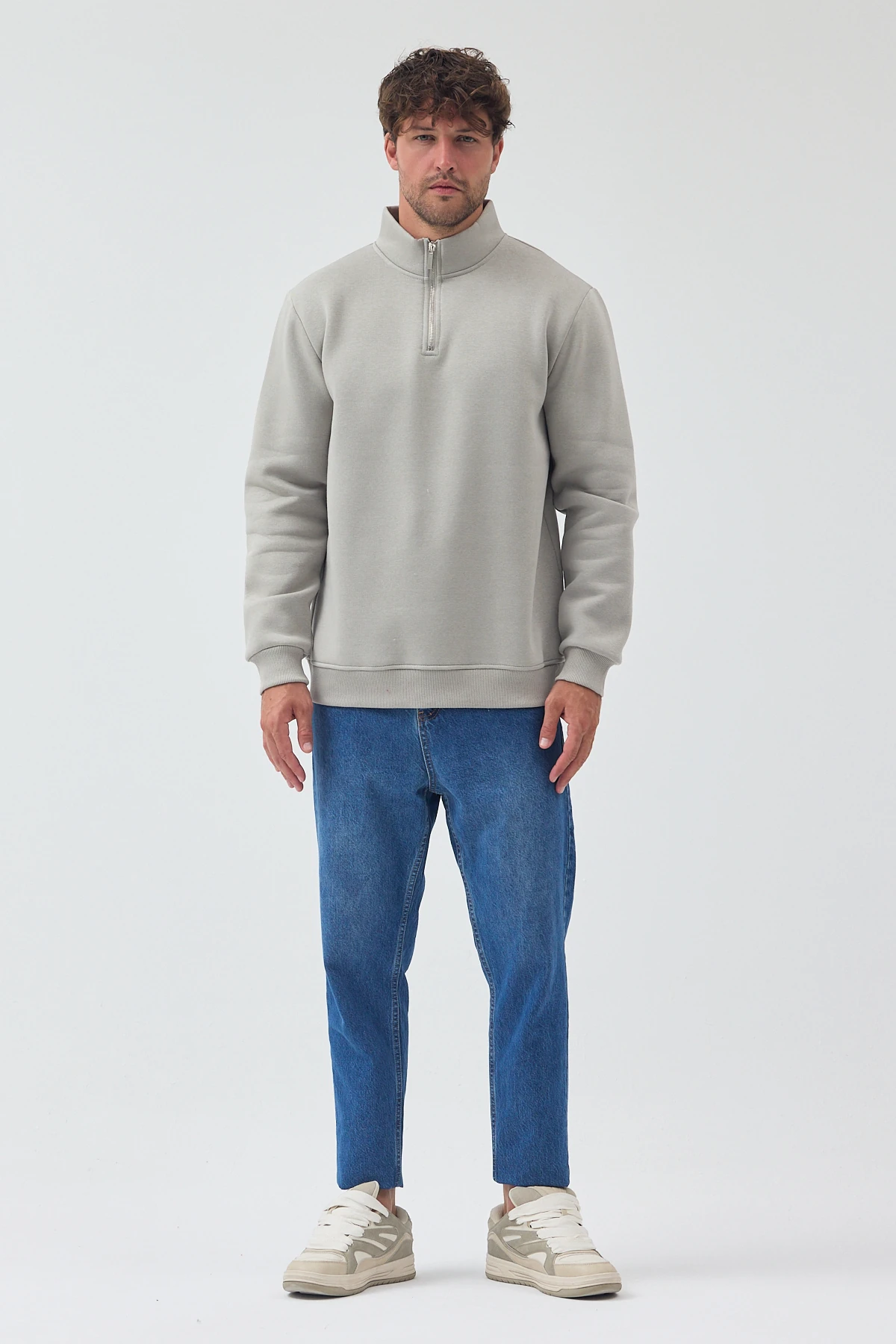 Yarım Fermuarlı Sweatshirt - Boyalı Gri