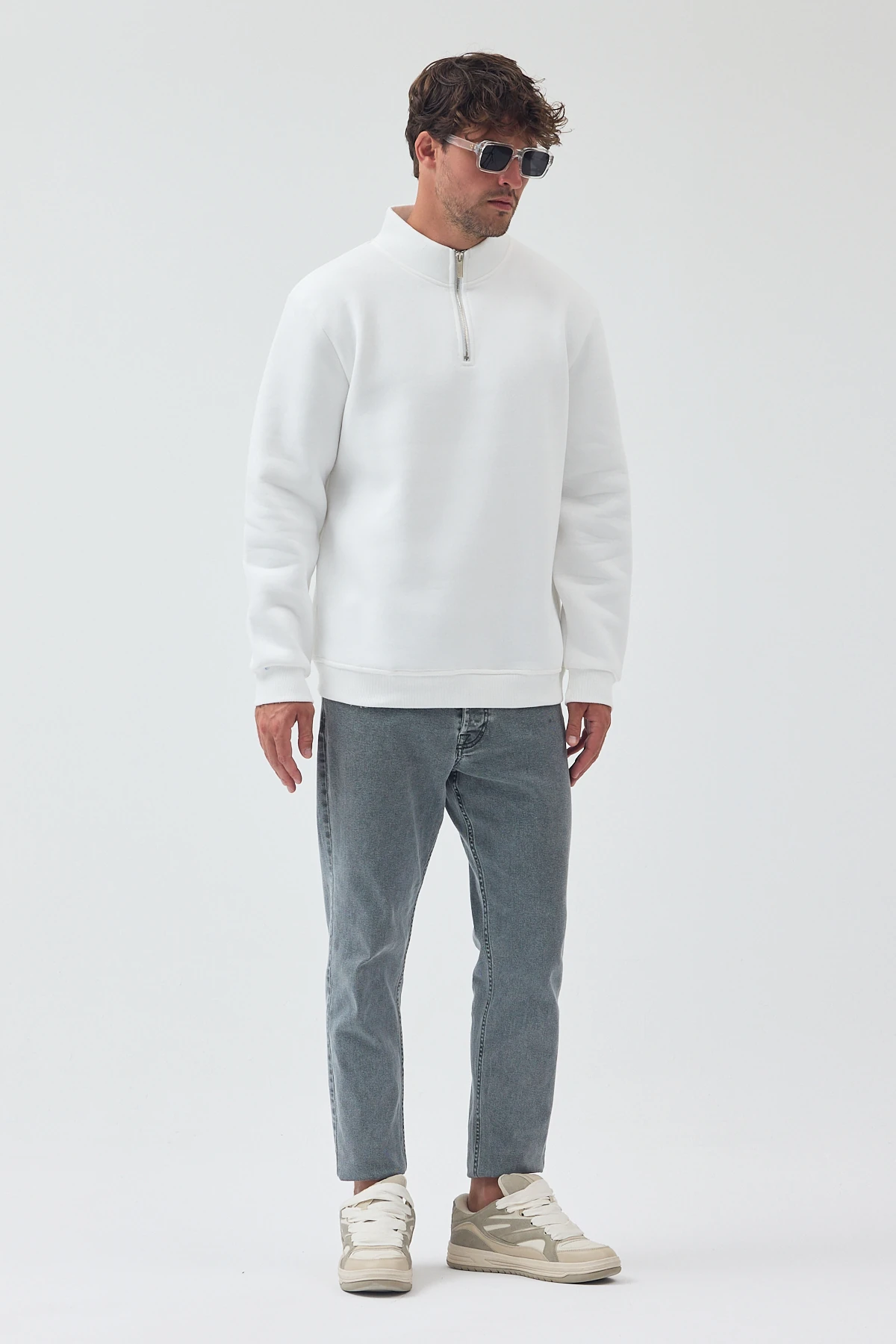 Yarım Fermuarlı Sweatshirt - Ekru