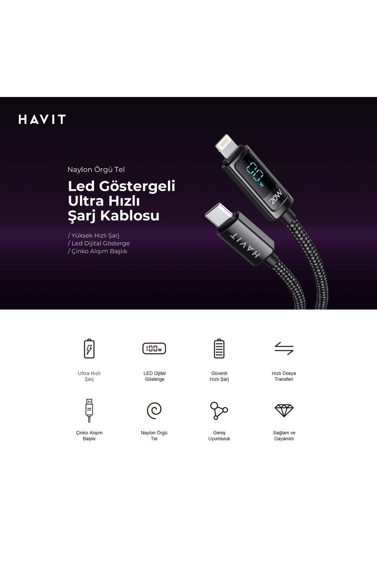 Havit CB6247 PD100W Type-C to Type-C Göstergeli Şarj Kablosu