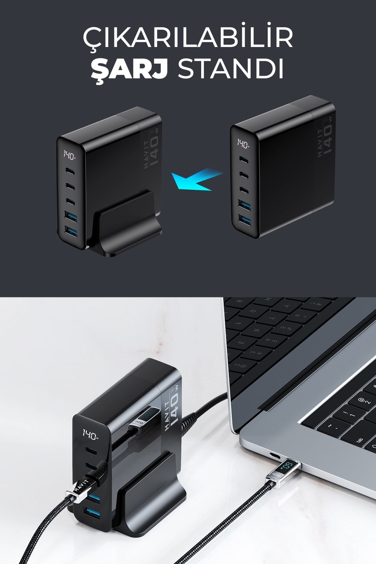 Havit 140W Gan Teknoloji 5-Portlu PD 3.1 Göstergeli Hızlı Şarj Cihazı (Macbook, Iphone Uyumlu)
