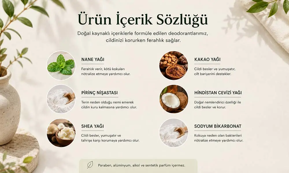 Doğal deodorant içerikleri nane okaliptüs lavanta bentonit potassium alum ve çay ağacı