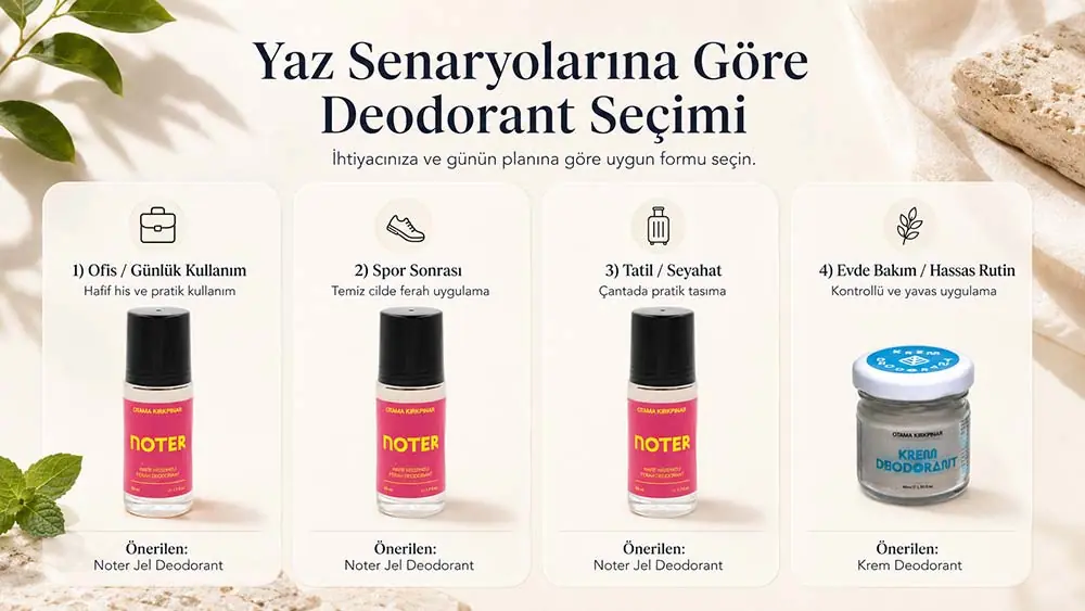 Yaz senaryolarına göre doğal deodorant seçimi ofis spor tatil evde bakım