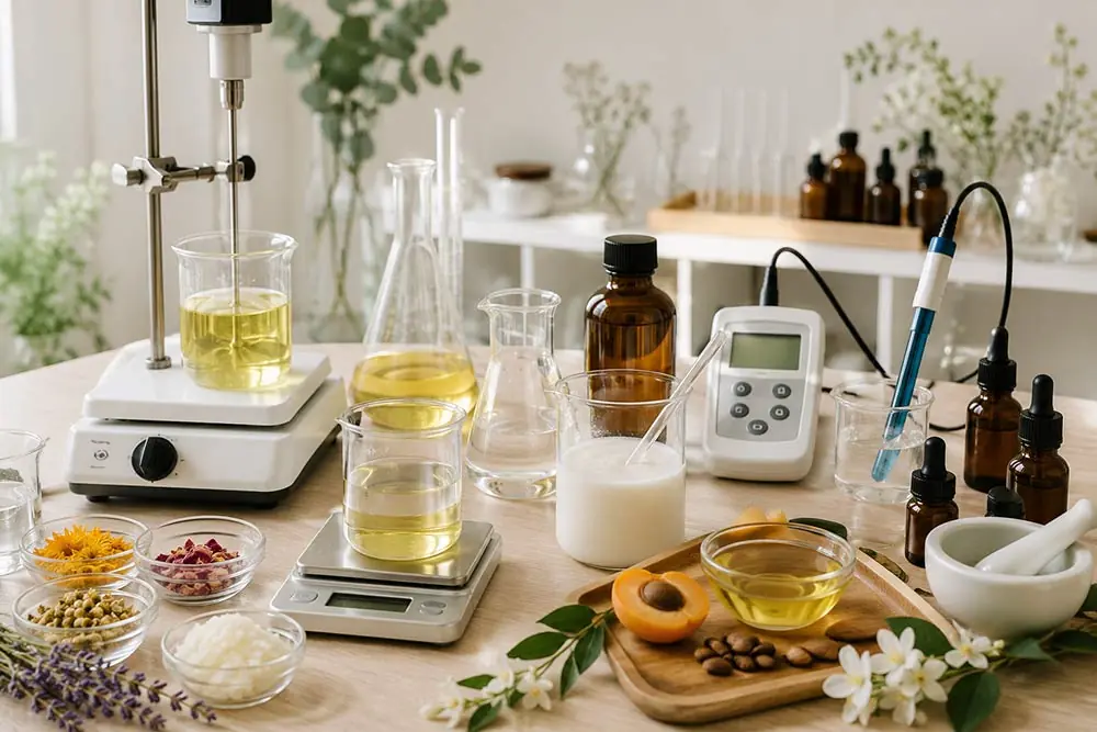 Emülgatör, koruyucu, antioksidan ve pH kullanılan kozmetik formülasyonu