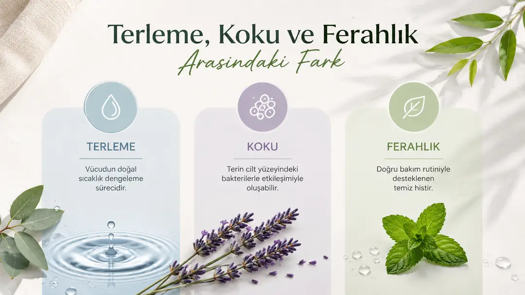 Terleme koku ve ferahlık arasındaki farkı anlatan doğal deodorant infografiği