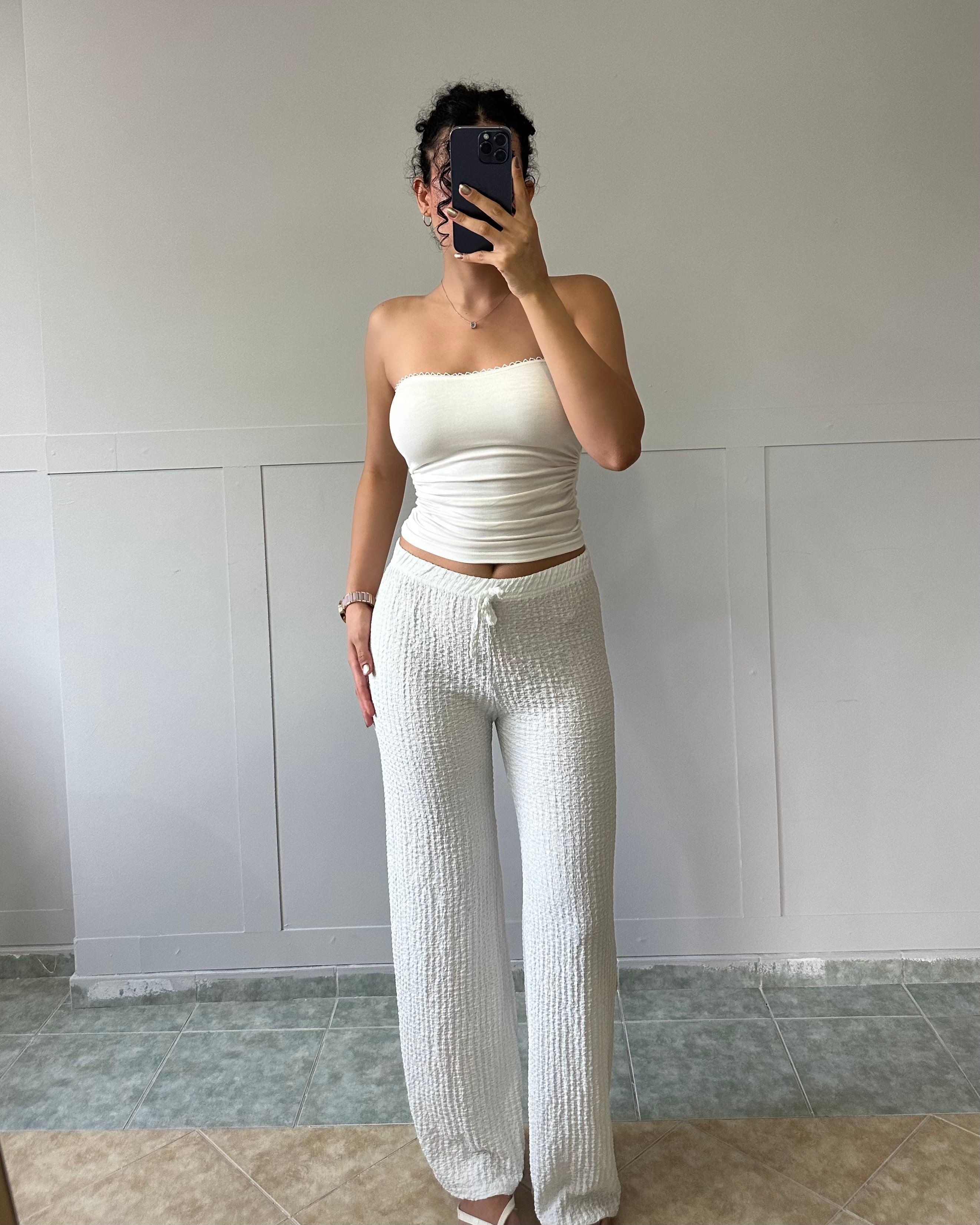 Beyaz Bürümcük Kumaş Pantolon KT0044