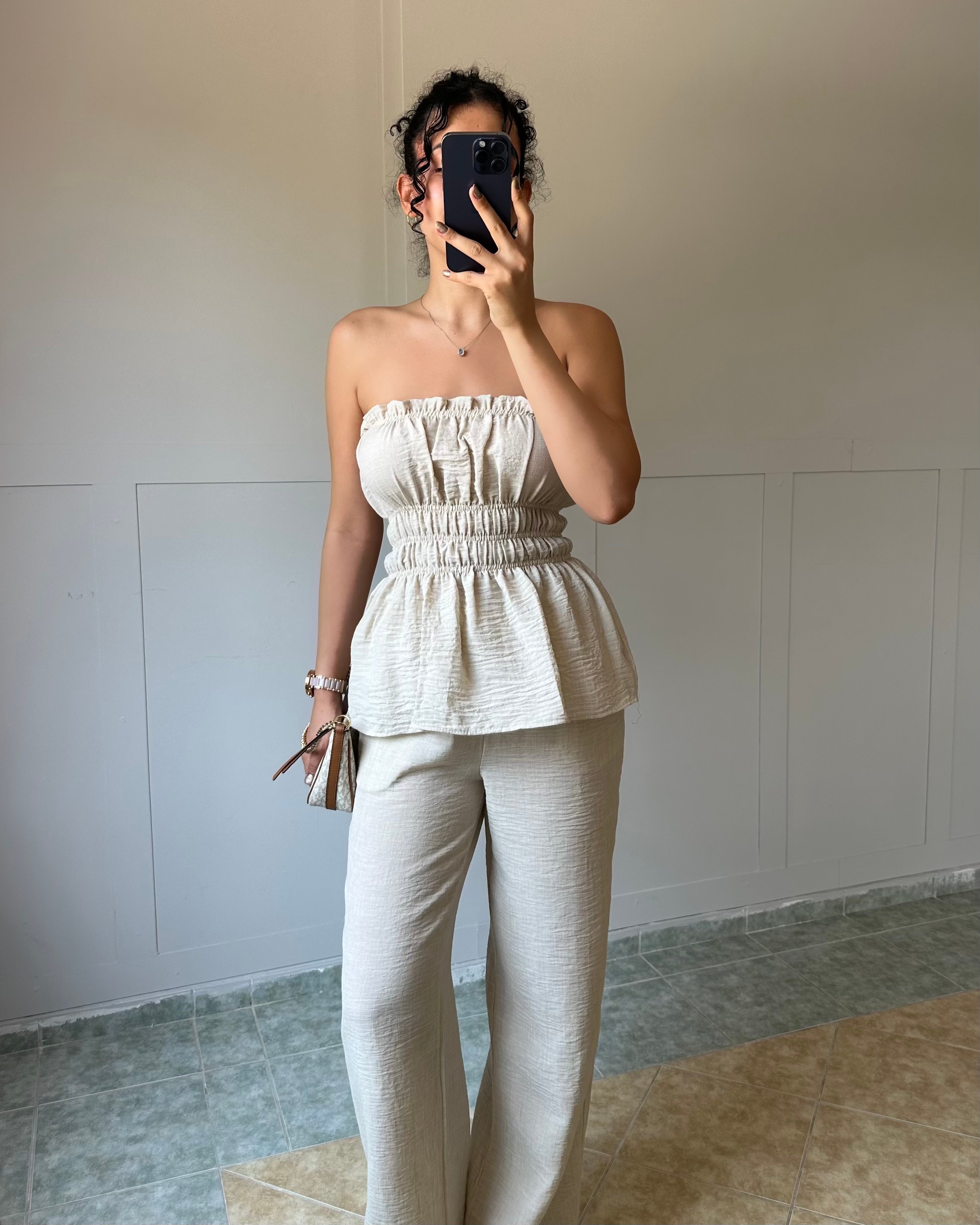 Bej Straplez Bluz Pantolon Takım KT0036