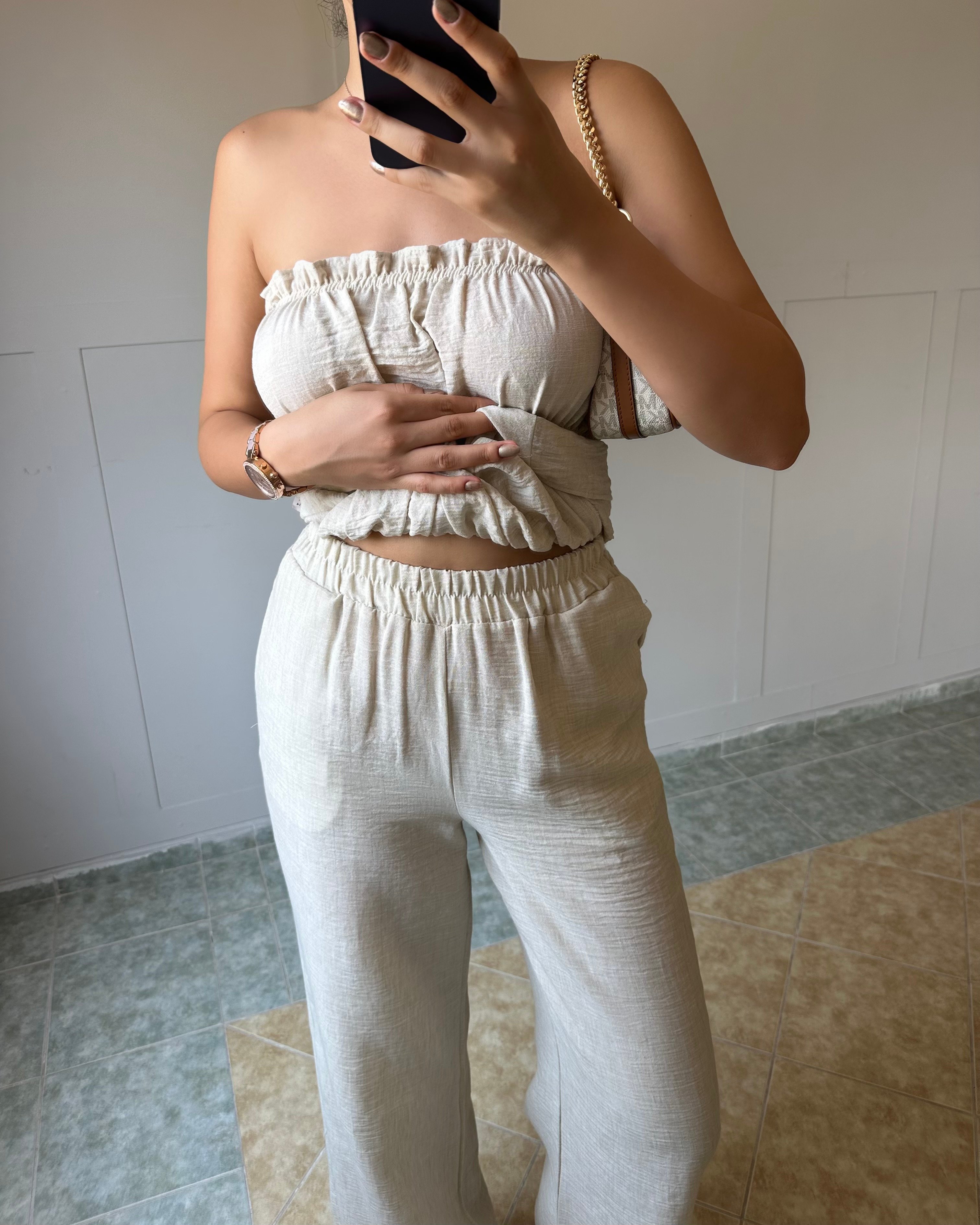 Bej Straplez Bluz Pantolon Takım KT0036