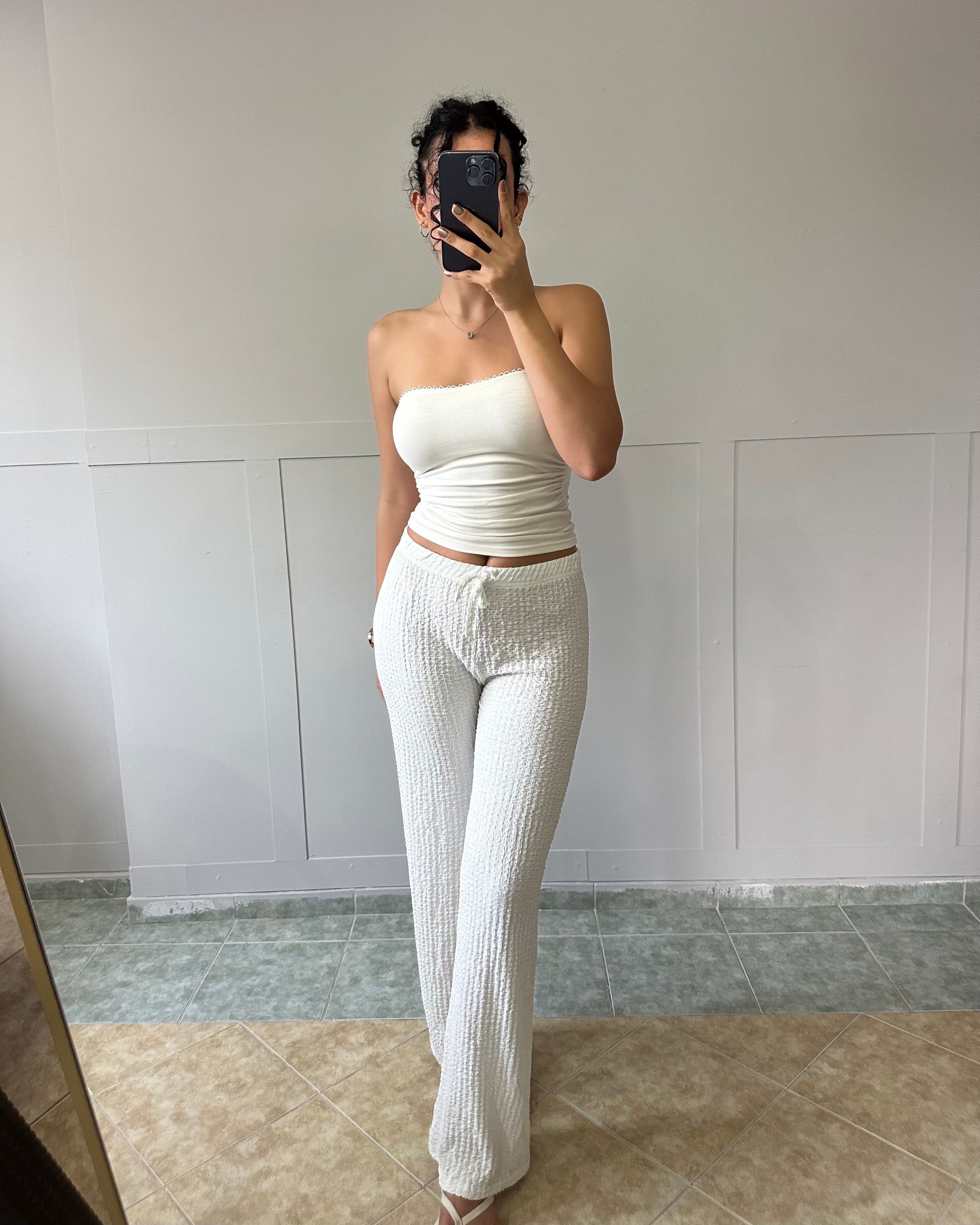 Beyaz Bürümcük Kumaş Pantolon KT0044