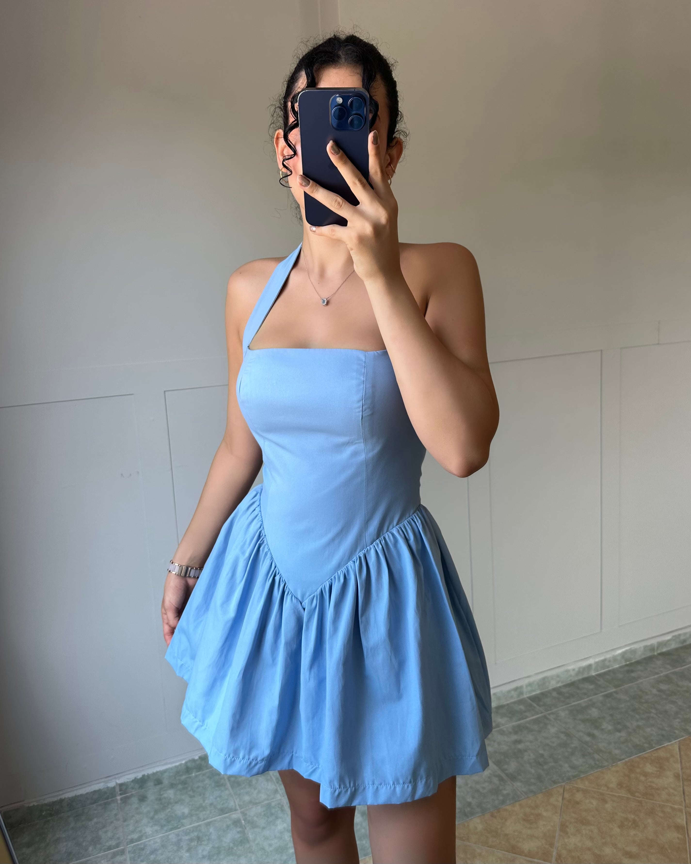 Mavi Boyundan Bağlamalı Mini Elbise KT0045