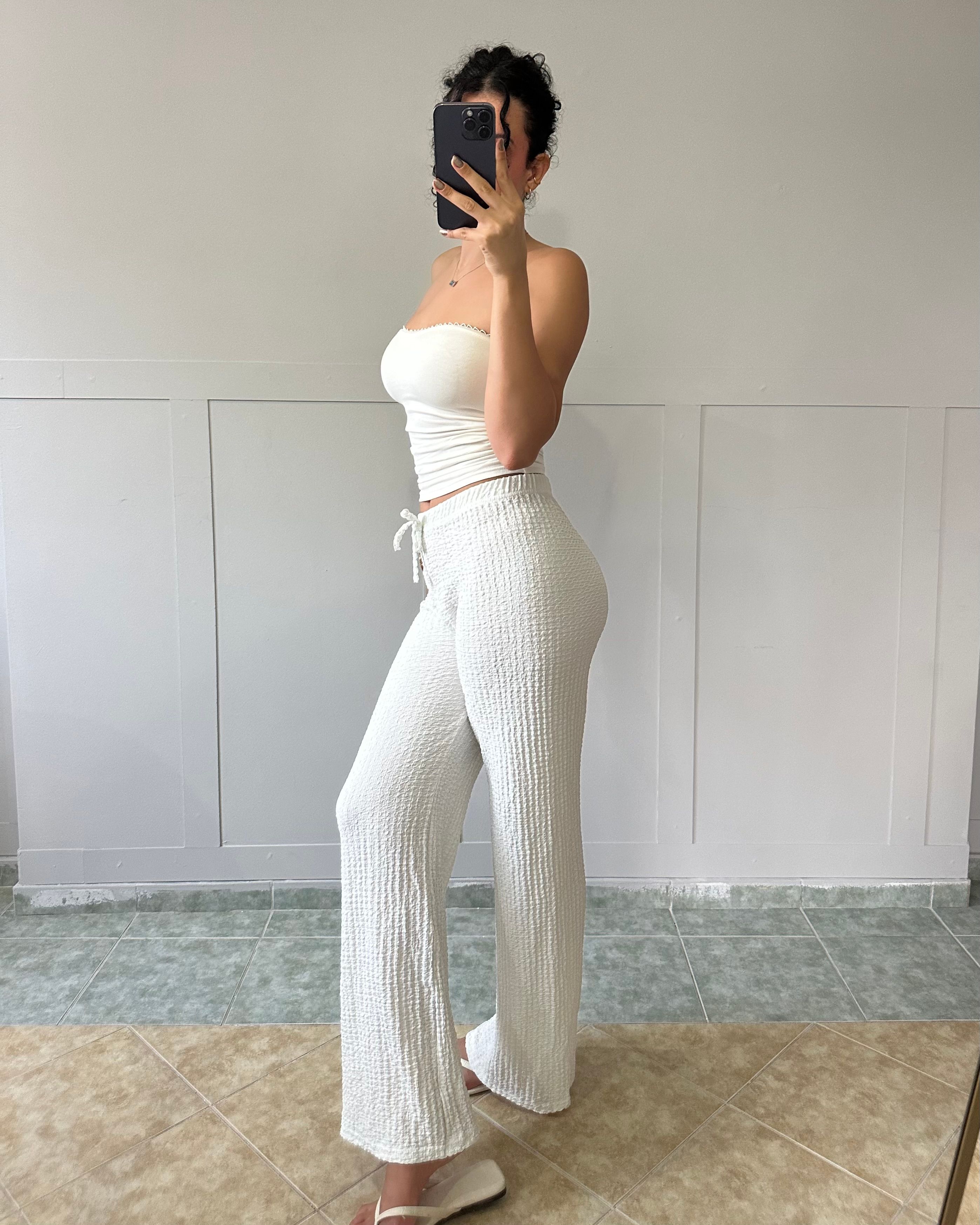 Beyaz Bürümcük Kumaş Pantolon KT0044