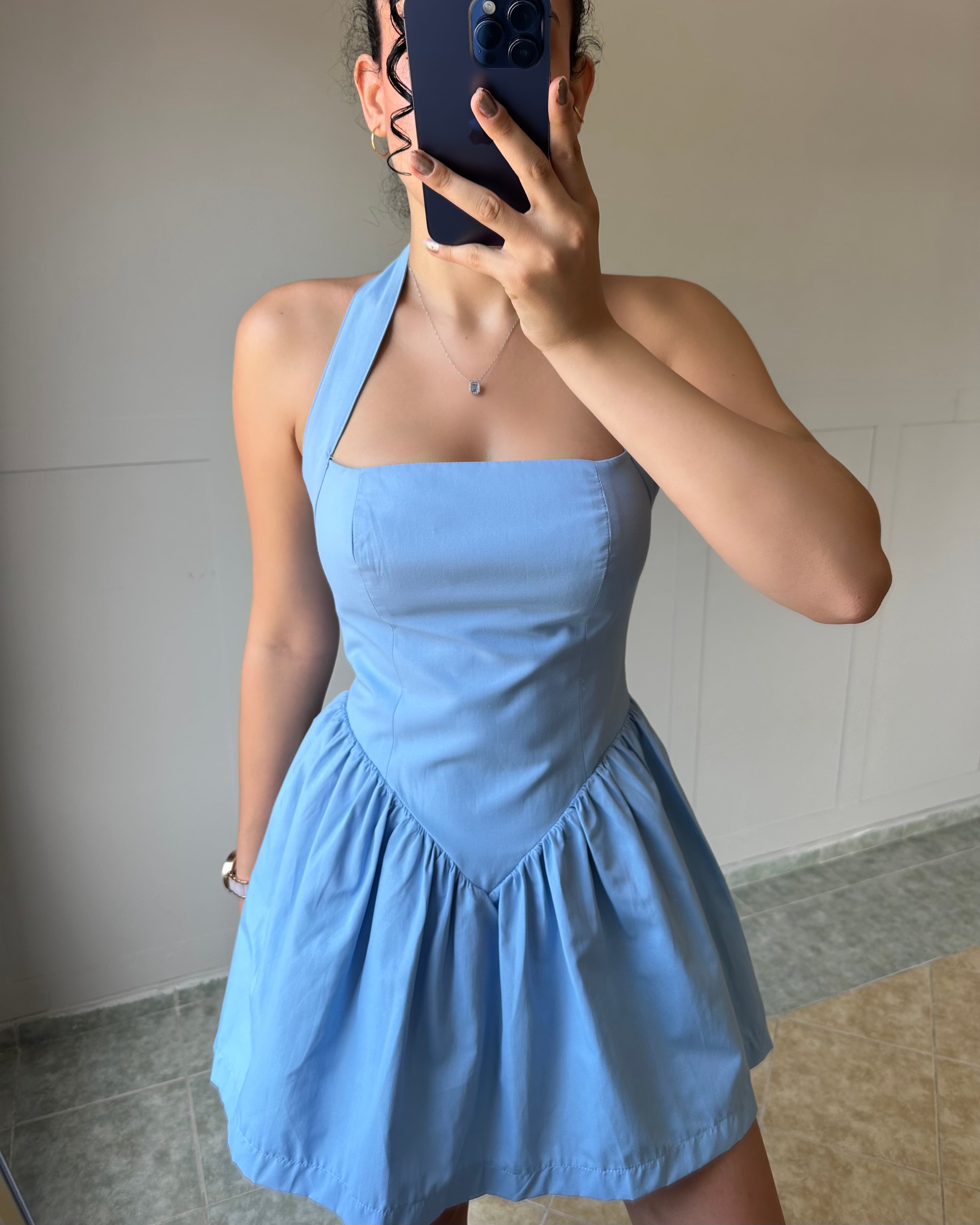 Mavi Boyundan Bağlamalı Mini Elbise KT0045
