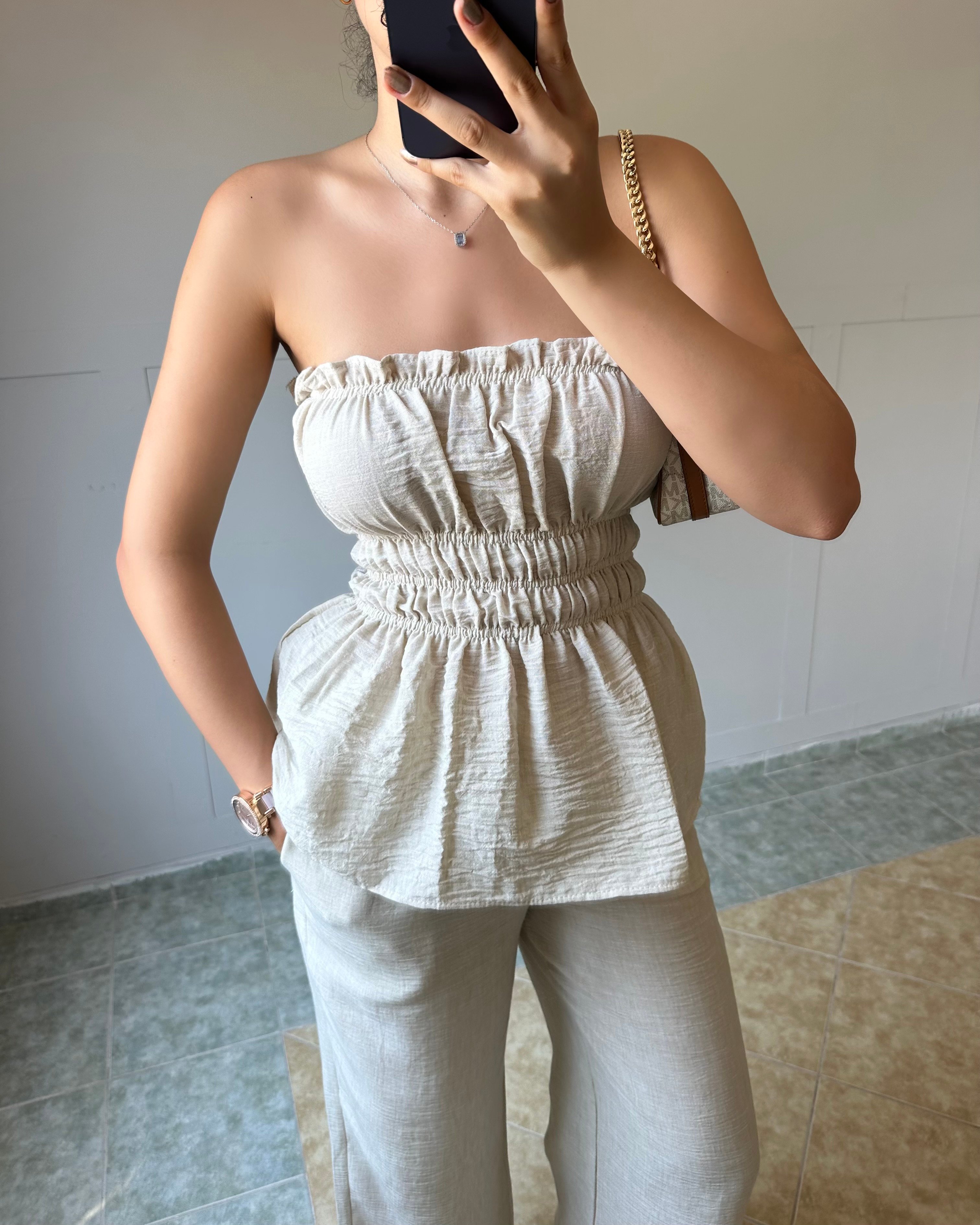 Bej Straplez Bluz Pantolon Takım KT0036