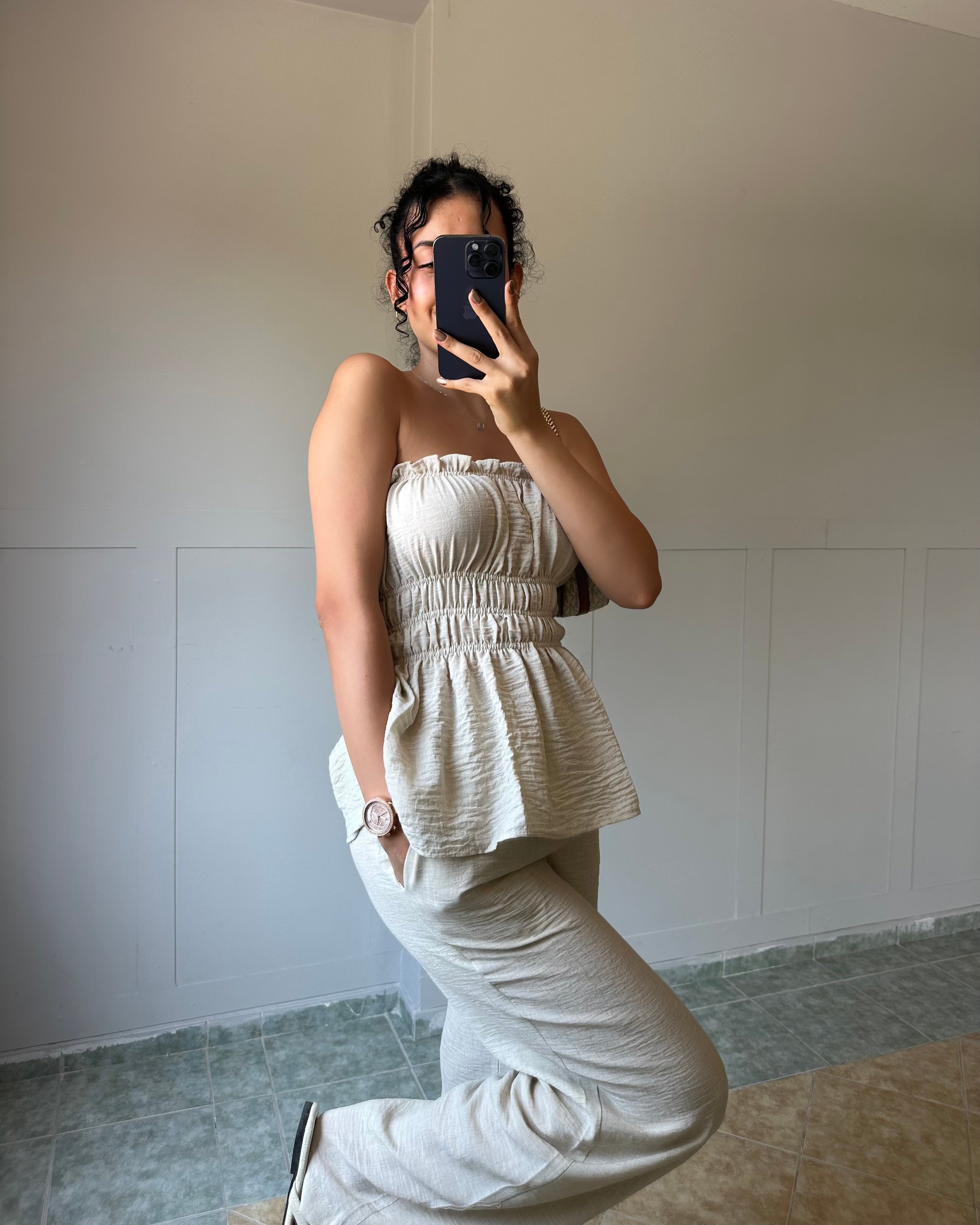 Bej Straplez Bluz Pantolon Takım KT0036