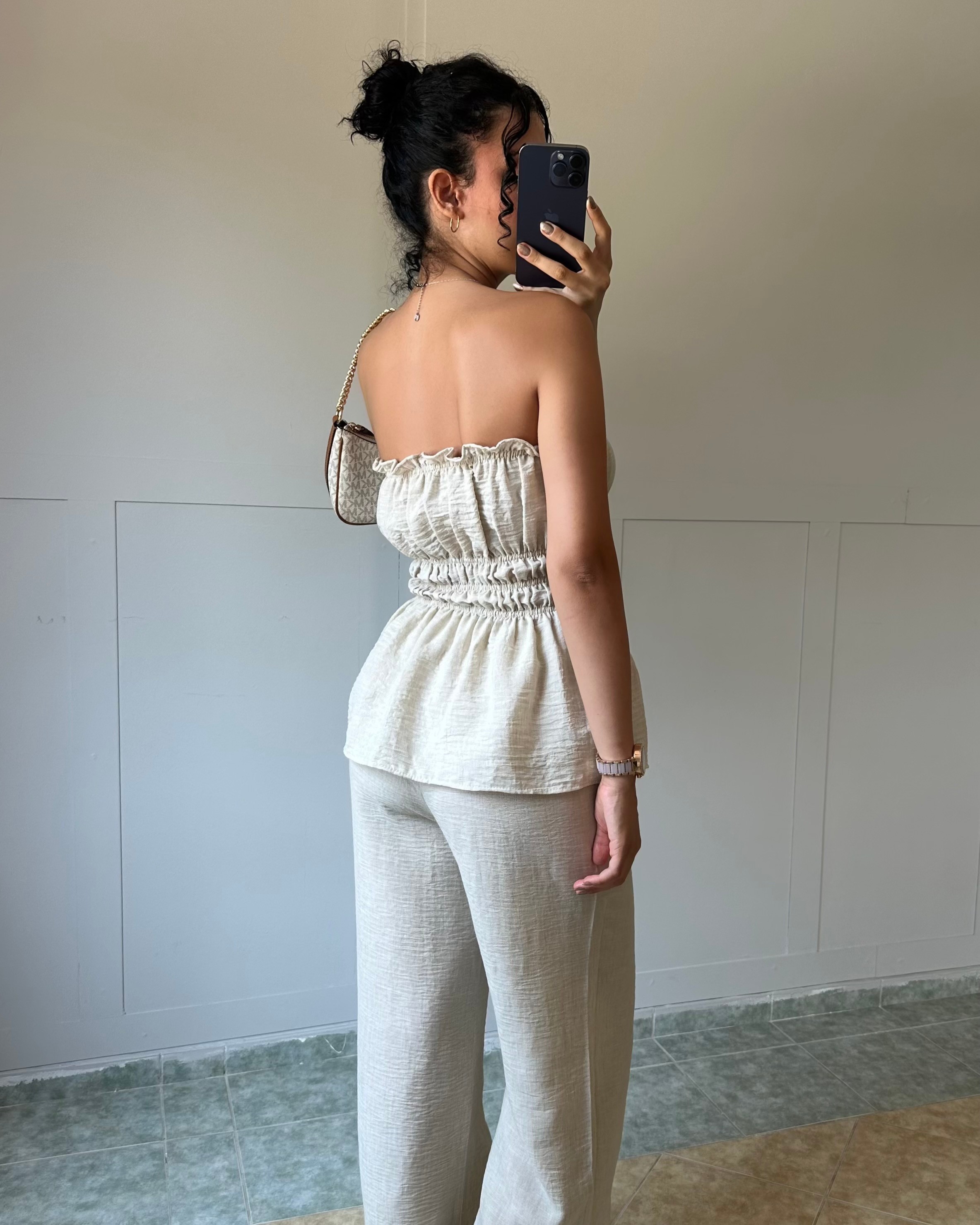 Bej Straplez Bluz Pantolon Takım KT0036