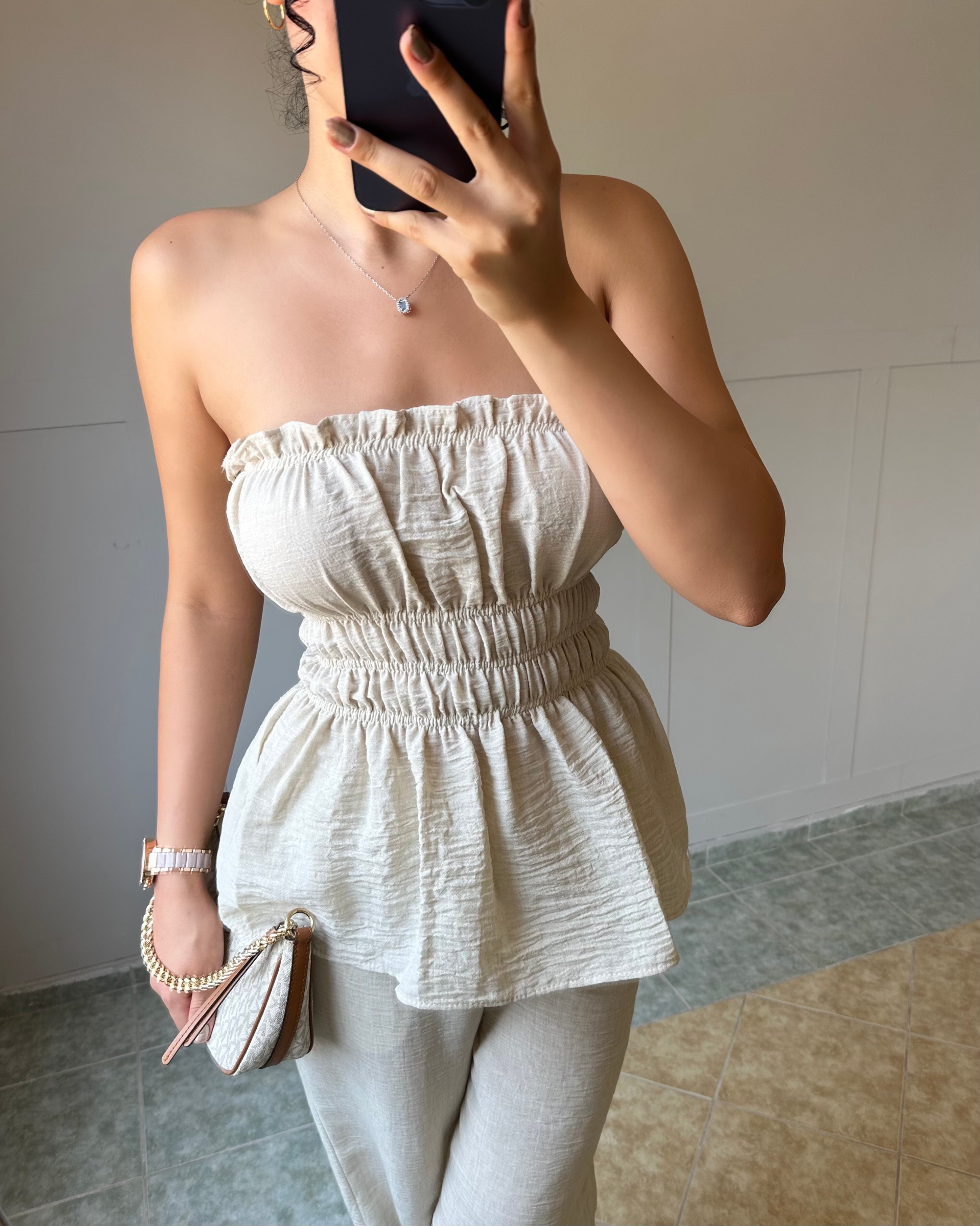Bej Straplez Bluz Pantolon Takım KT0036