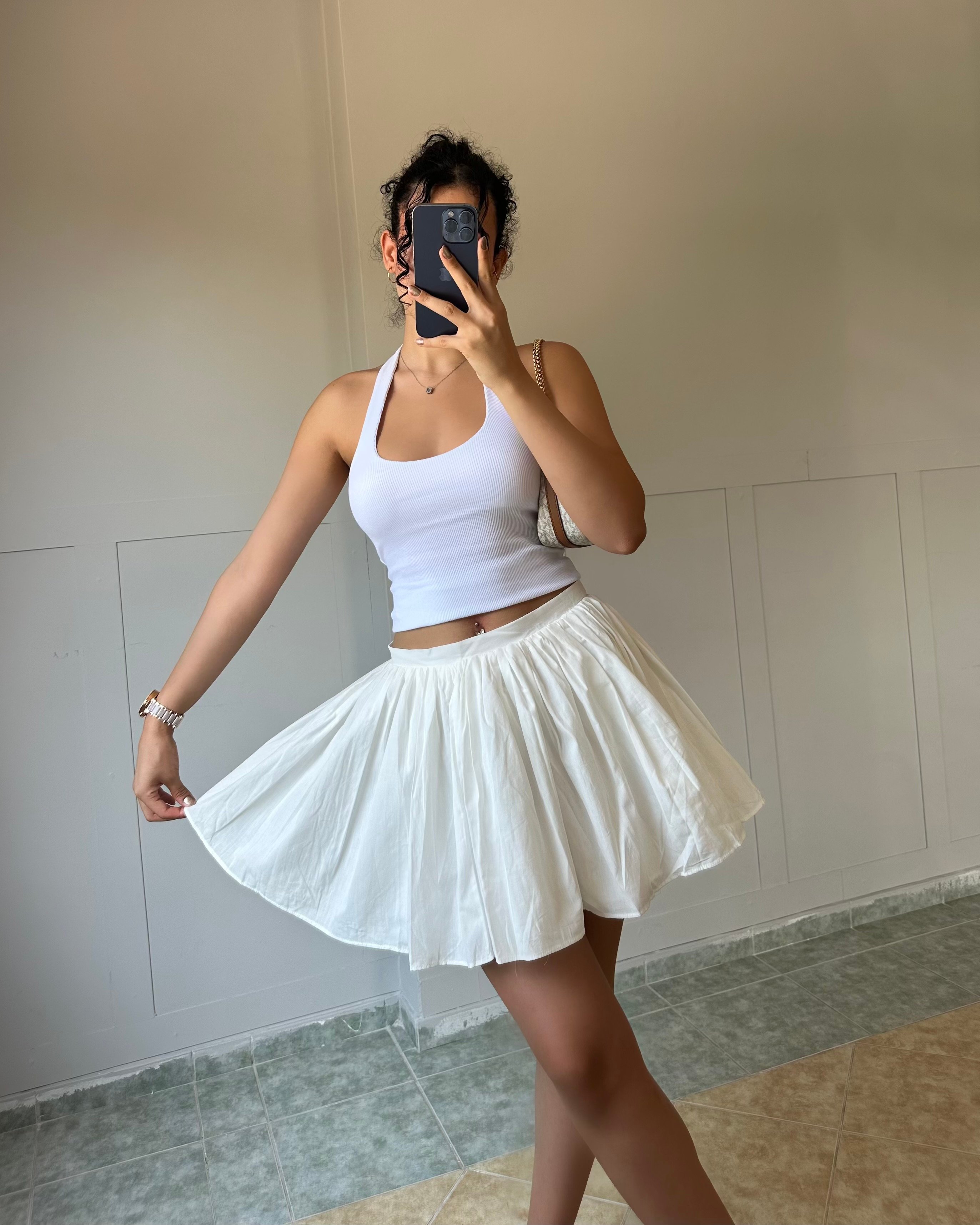 Beyaz Volanlı Fırfırlı Mini Etek KT0039